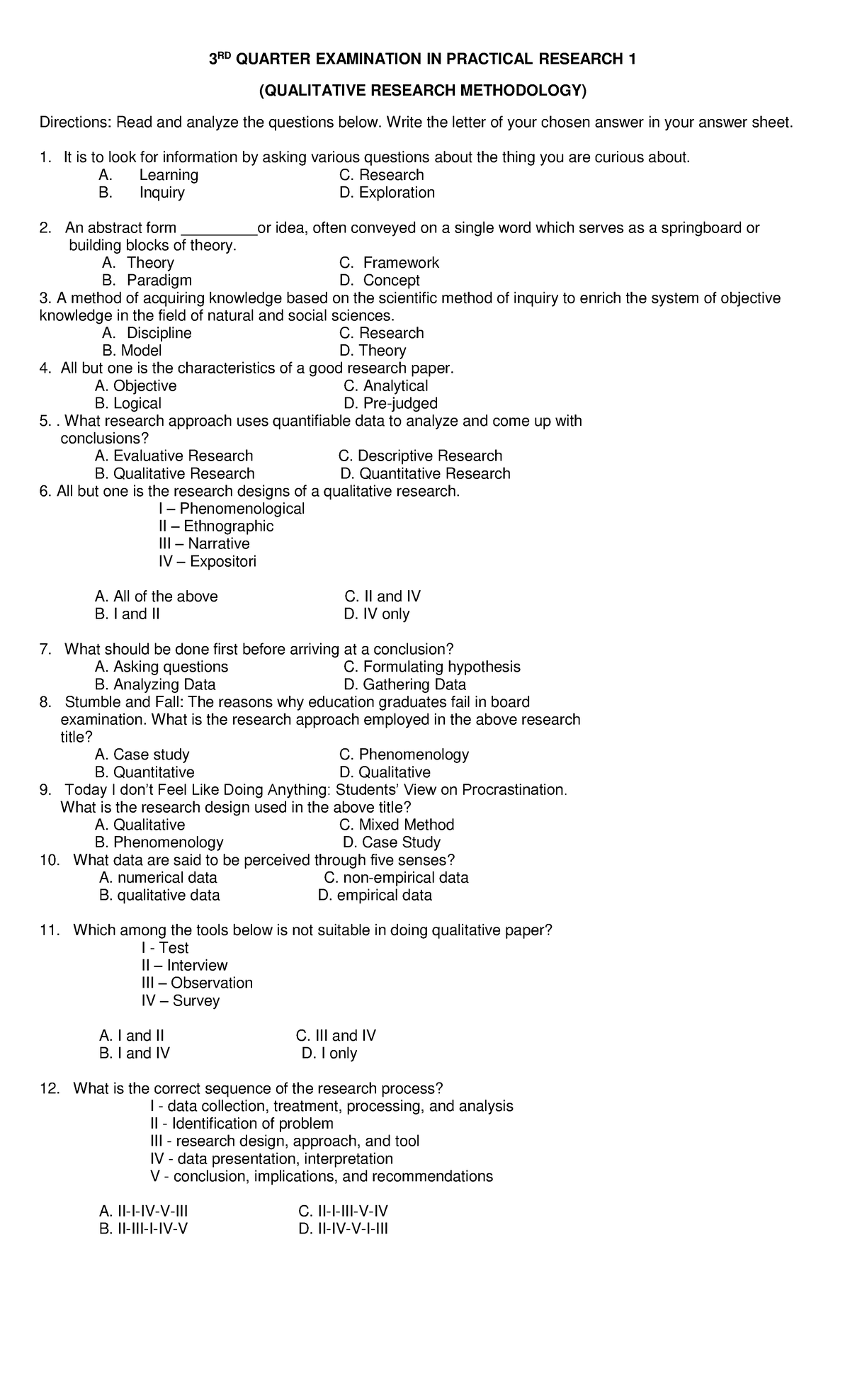 Pdfcoffee - ADWASDW - 3 RD QUARTER EXAMINATION IN PRACTICAL RESEARCH 1 ...