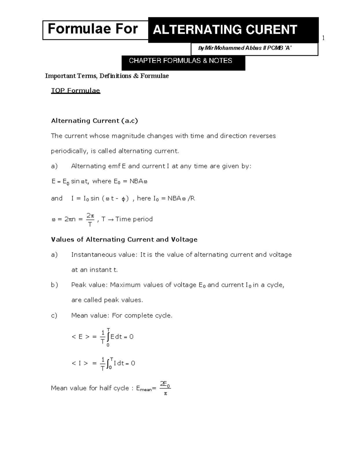 Alternating-current - Mast - 1 TOP Formulae Alternating Current (a) The ...
