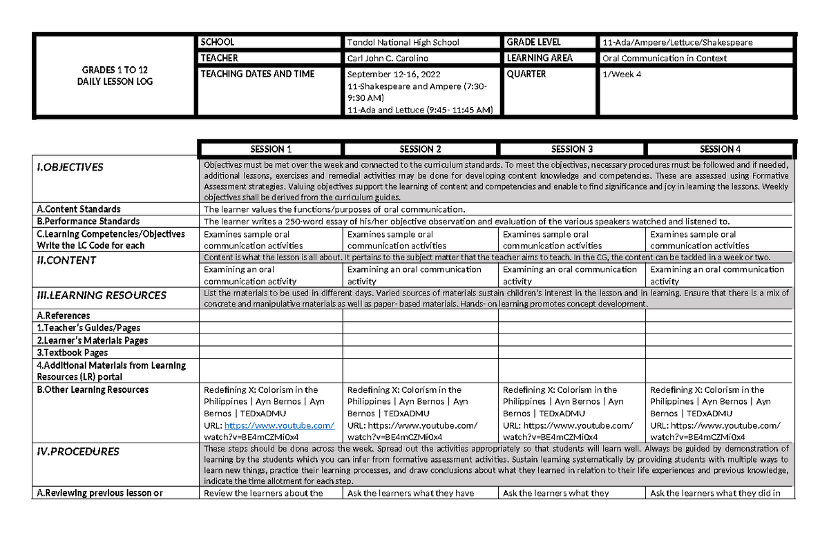 OC Q1 W4 - NOTES - GRADES 1 TO 12 DAILY LESSON LOG SCHOOL Tondol ...