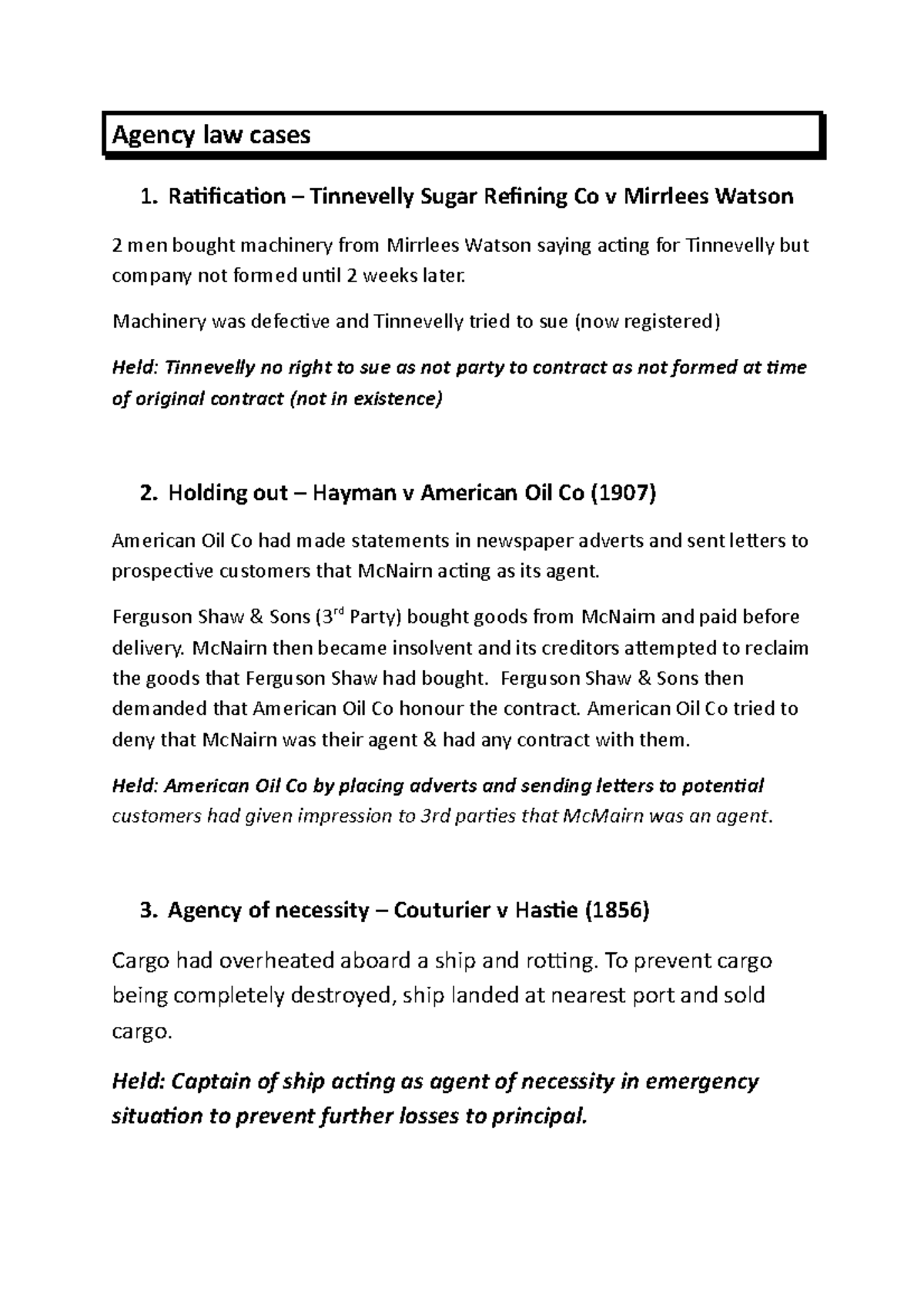 Agency Law Cases Agency Law Cases 1 Ratification Tinnevelly Sugar Refining Co V Mirrlees Watson Studocu