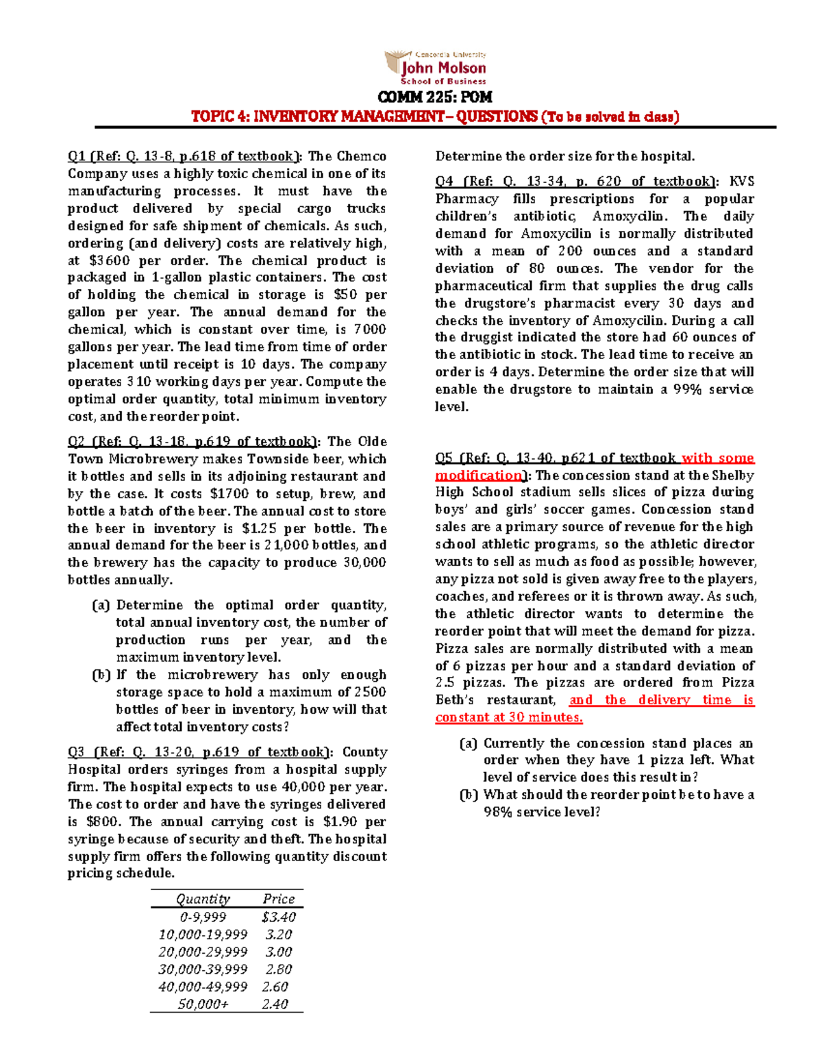 Inventory Management Questions (In Class) COMM 225 POM TOPIC 4