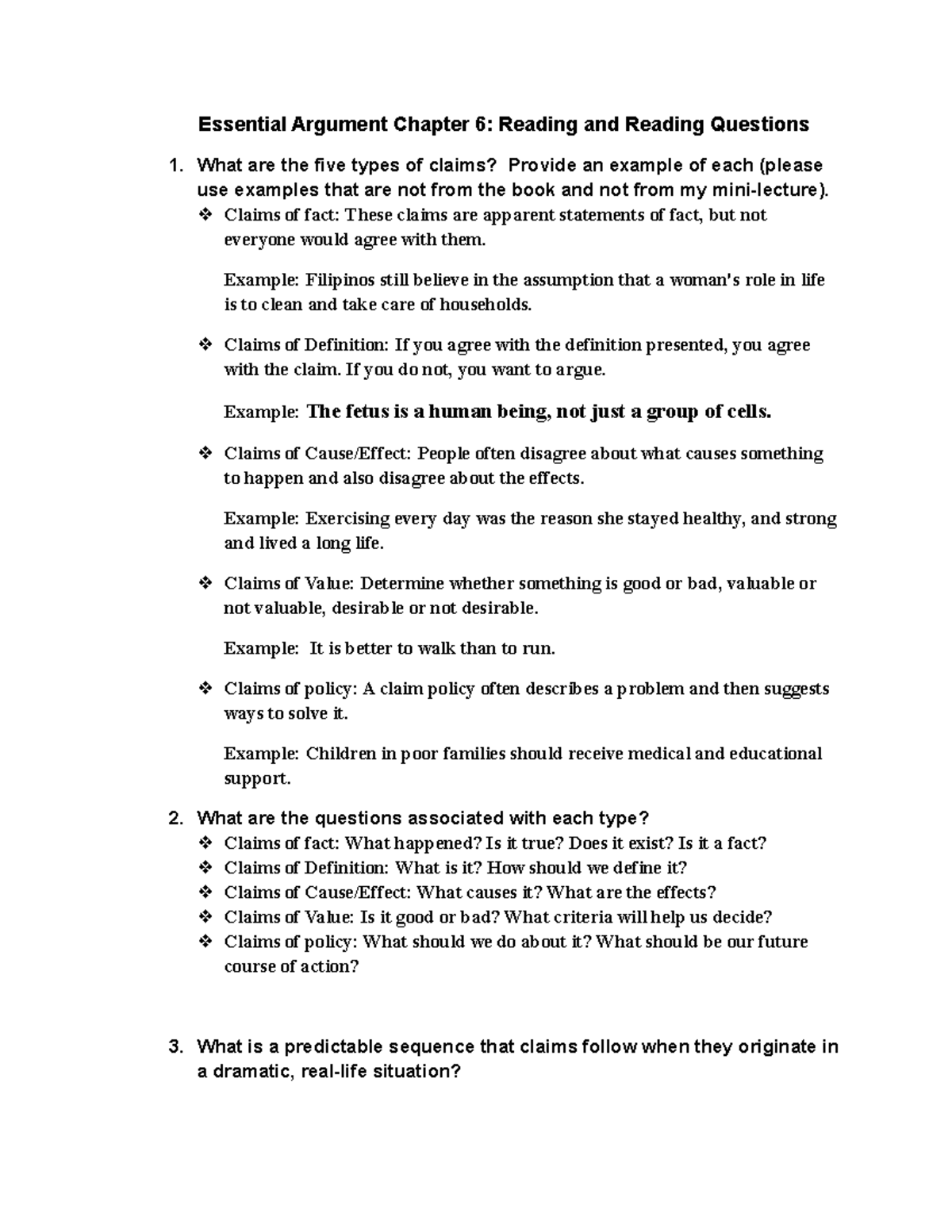 Essential Argument Chapter 6 Reading and and Reading Questions Claims