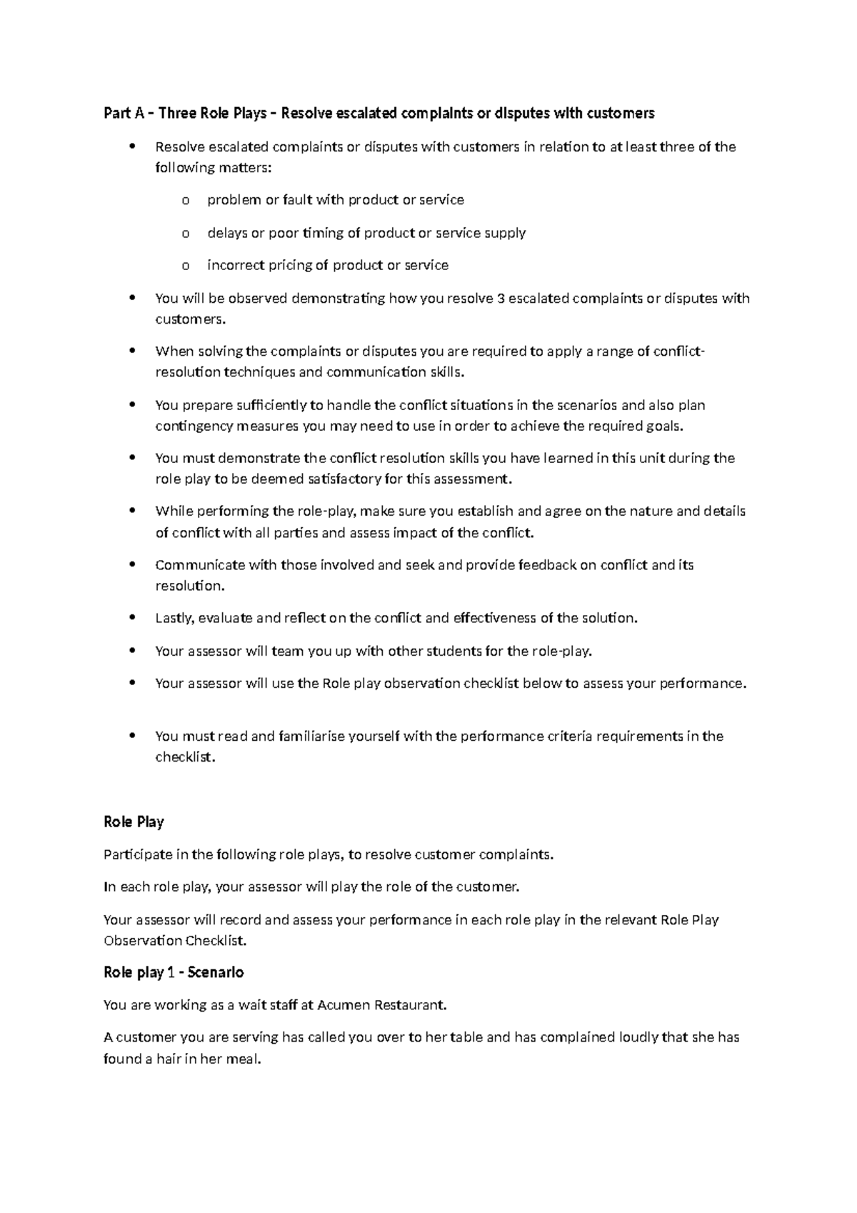 UNIT Sitxcom 005 Manage Conflict Practal - Part A – Three Role Plays ...