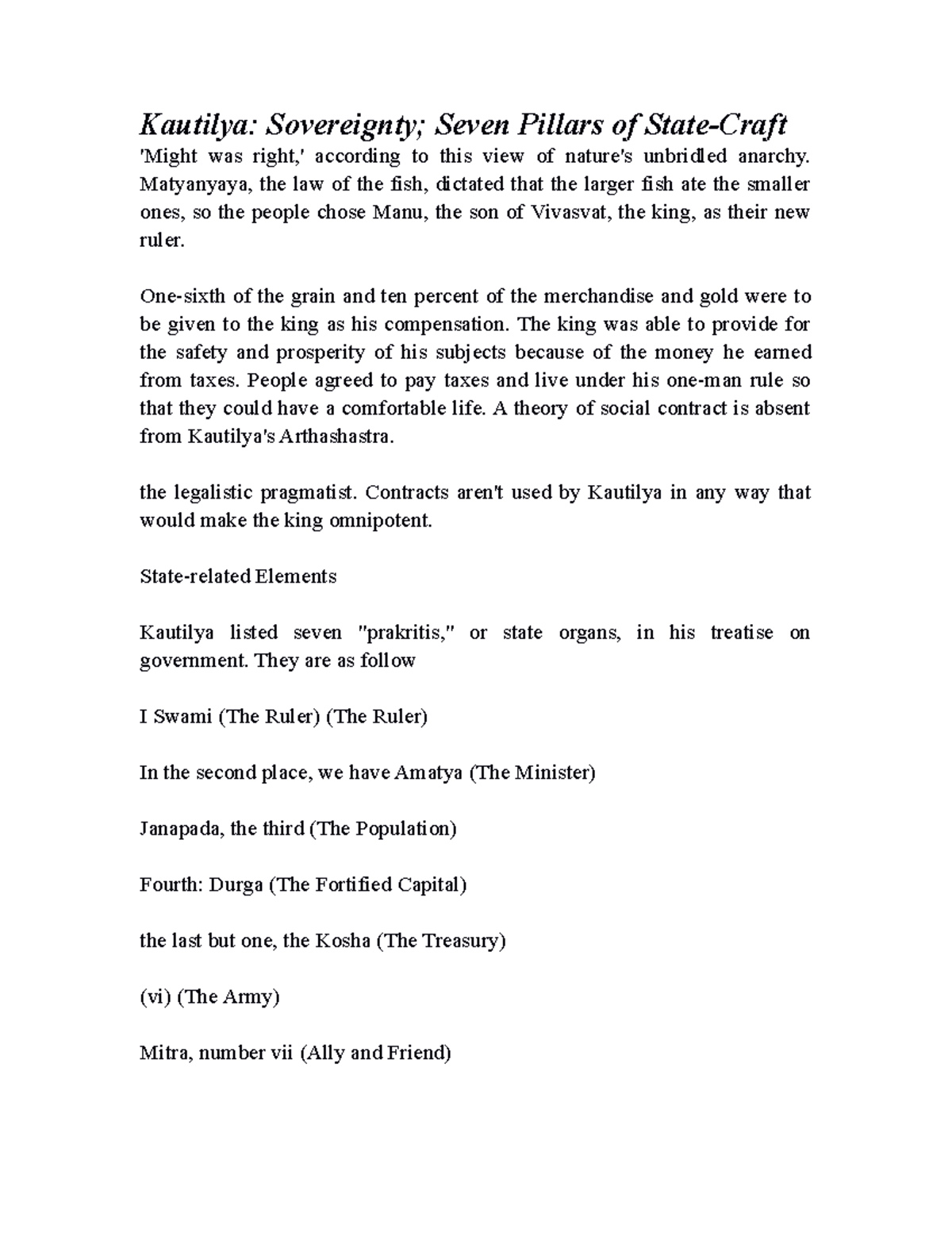 Kautilya Sovereignty Seven Pillars of StateCraft Matyanyaya, the law