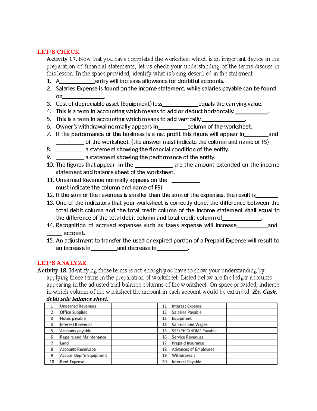 Activty 17 18 - YES - LET’S CHECK Activity 17. Now that you have ...