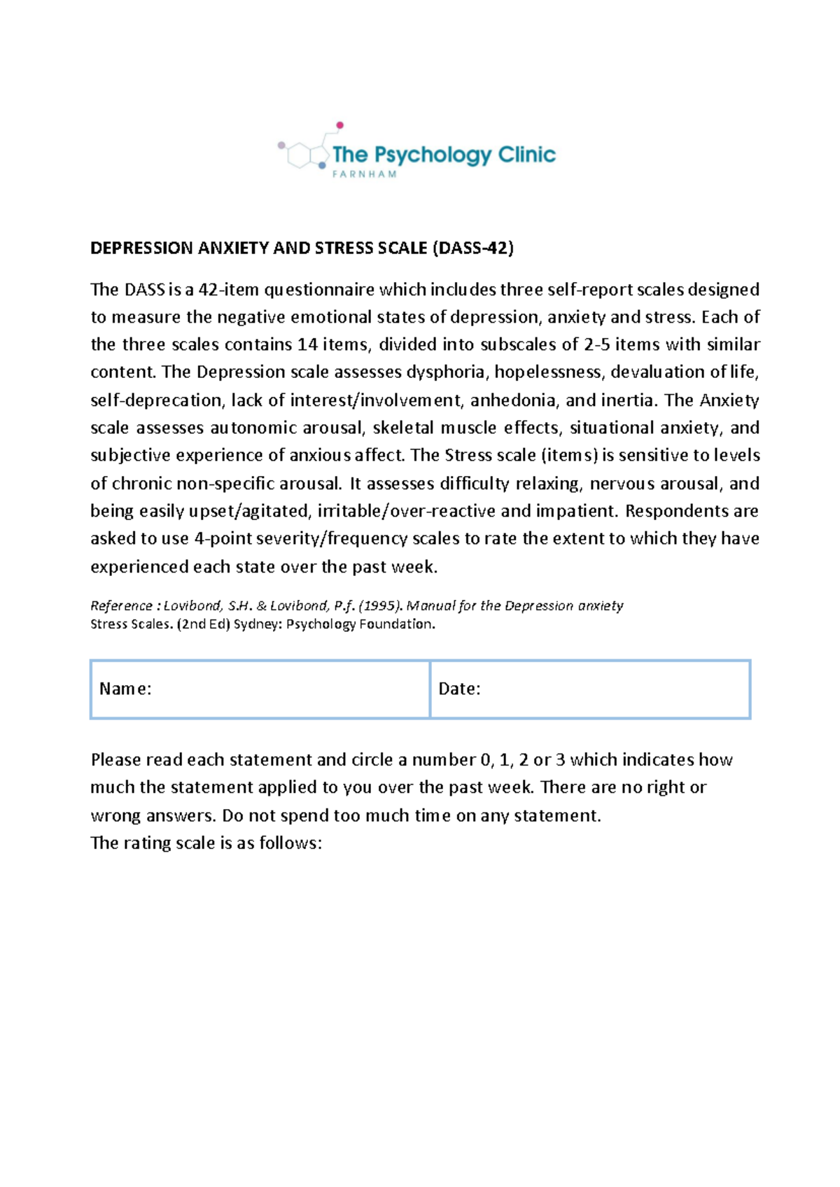 DASS-42-editable - DEPRESSION ANXIETY AND STRESS SCALE (DASS-42) The ...