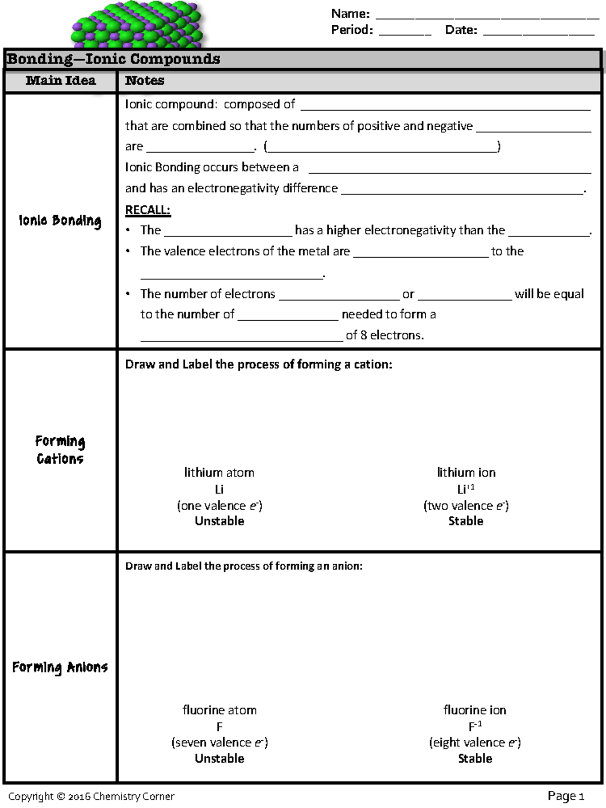 2 Ionic Bonding Fill In Notes - Main Idea Notes Ionic B Onding Ionic ...