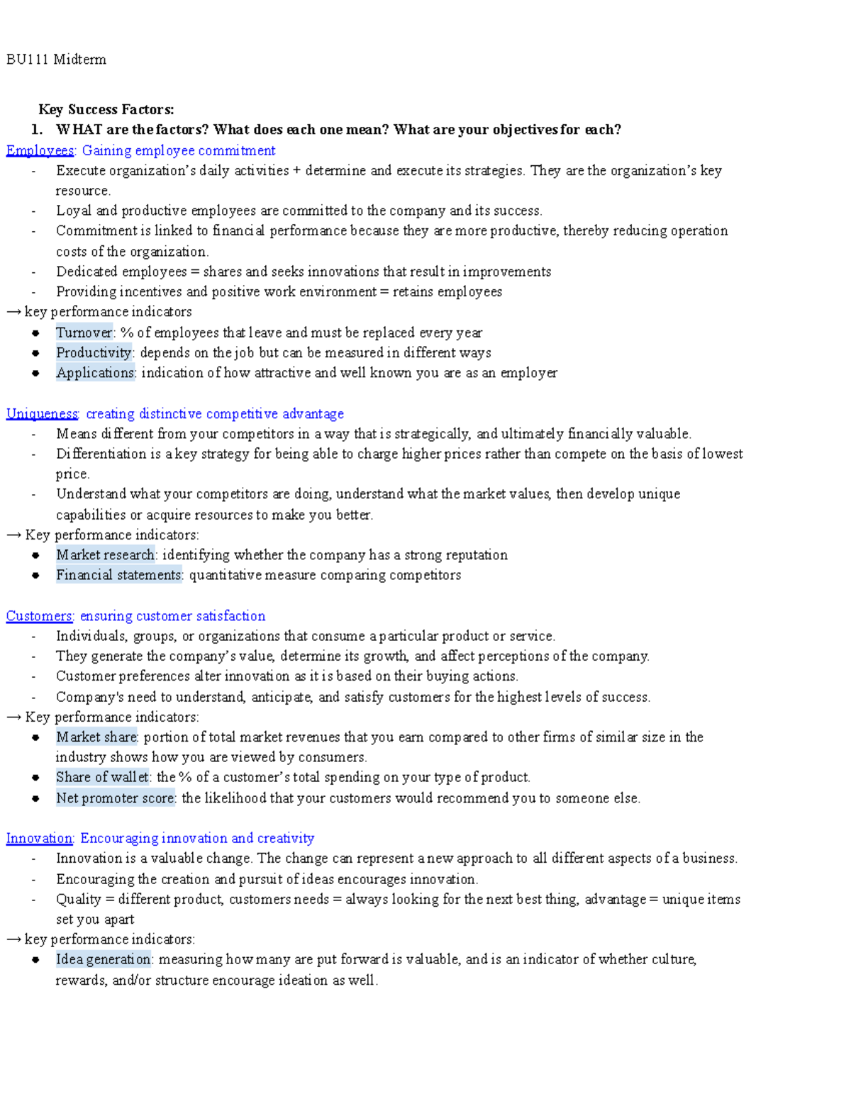 BU111 Midterm - Key Success Factors: WHAT are the factors? What does ...