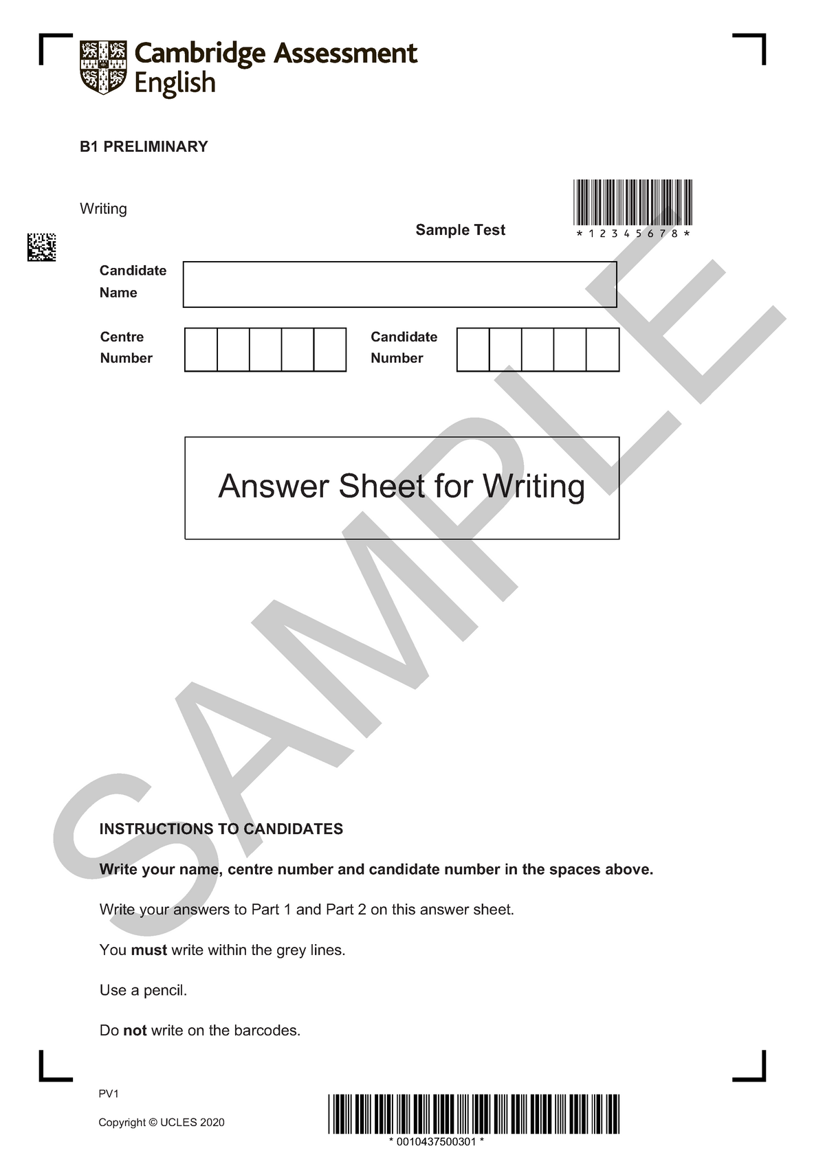 B1 Preliminary Writing Sample Answer Sheet B1 PRELIMINARY Writing