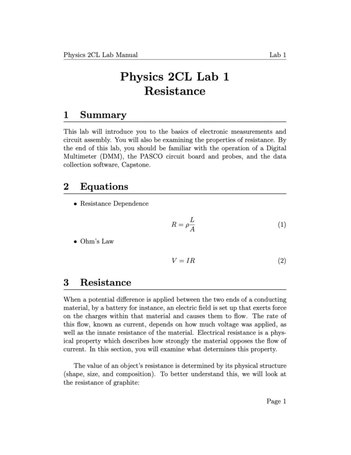 Lab 1 spring 22 - lab 1 - Physics 2CL Lab Manual Lab 1 Physics 2CL Lab ...
