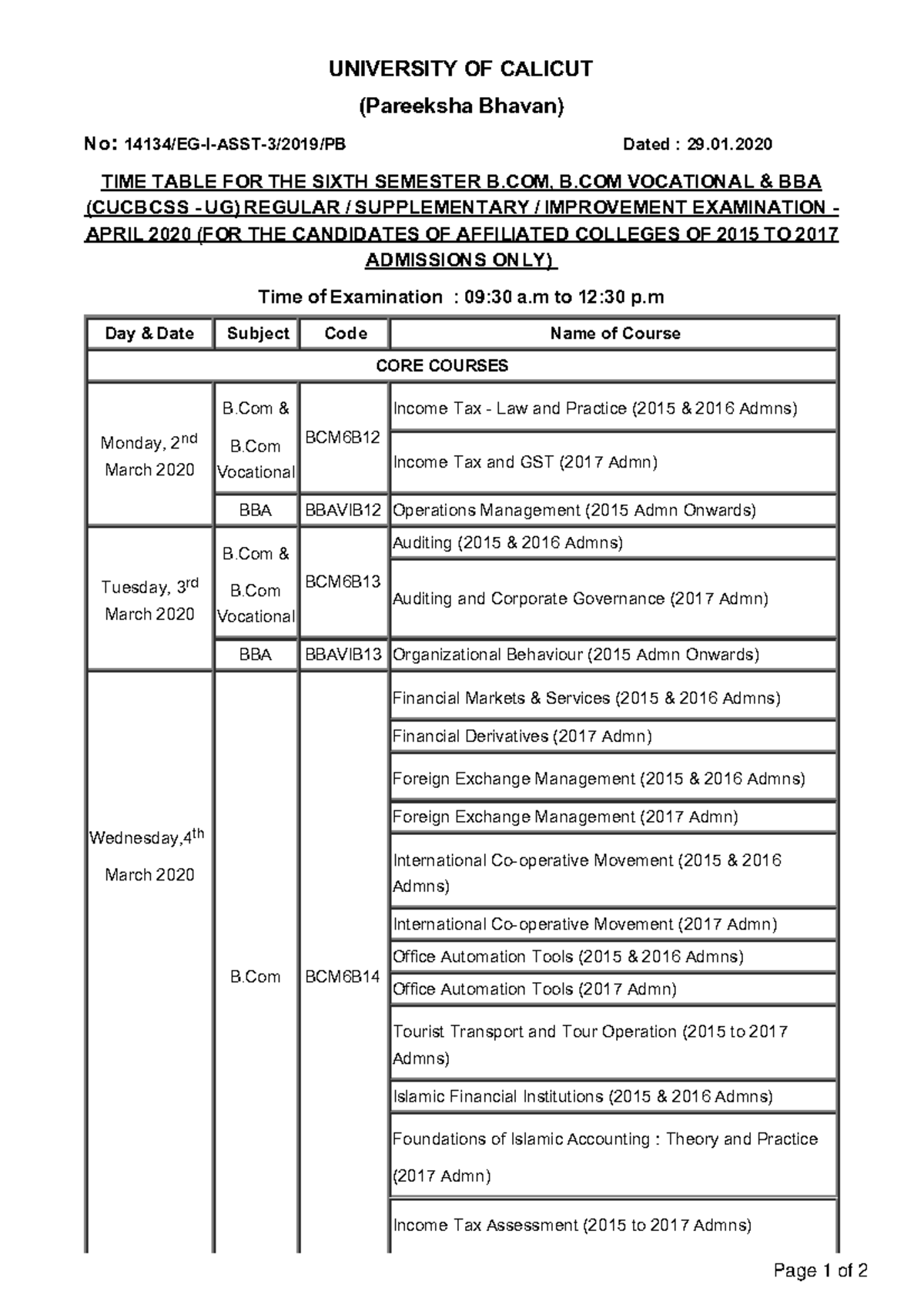 B.com Bba Sixth Semester - University Of Calicut (pareeksha Bhavan) No 