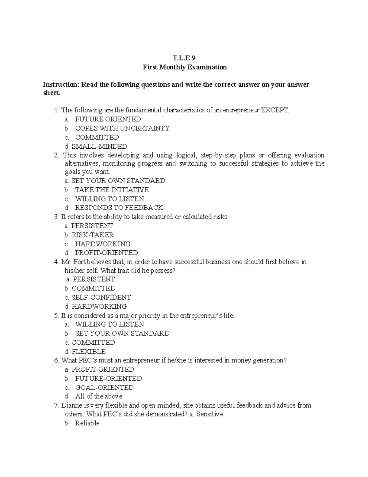 TEST Questions ICT 9 - LJBKJB - T.L 9 First Monthly Examination ...