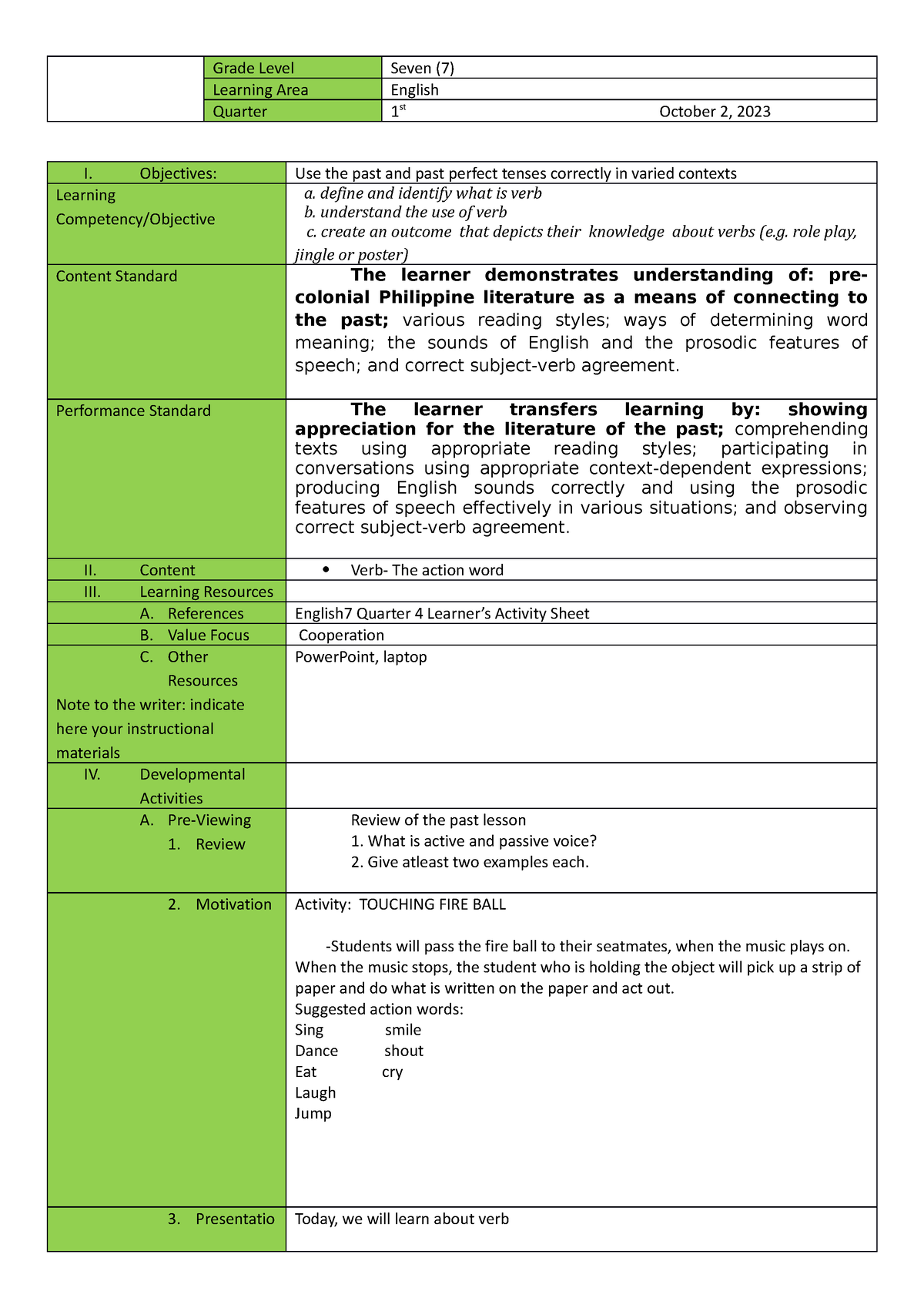 Verb - Grammar - Grade Level Seven (7) Learning Area English Quarter 1 ...