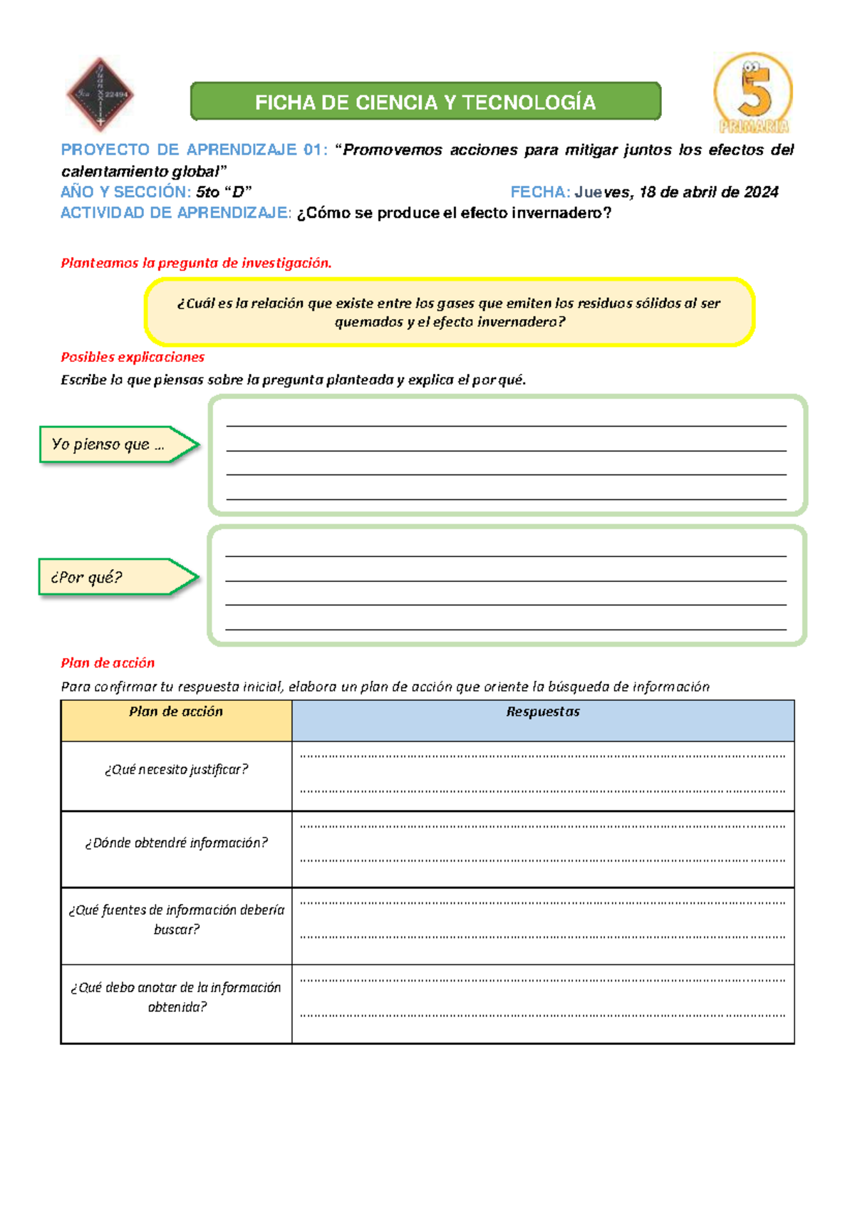 Ficha de Trabajo de Ciencia y Tecnología jueves 18 de abril - PROYECTO ...