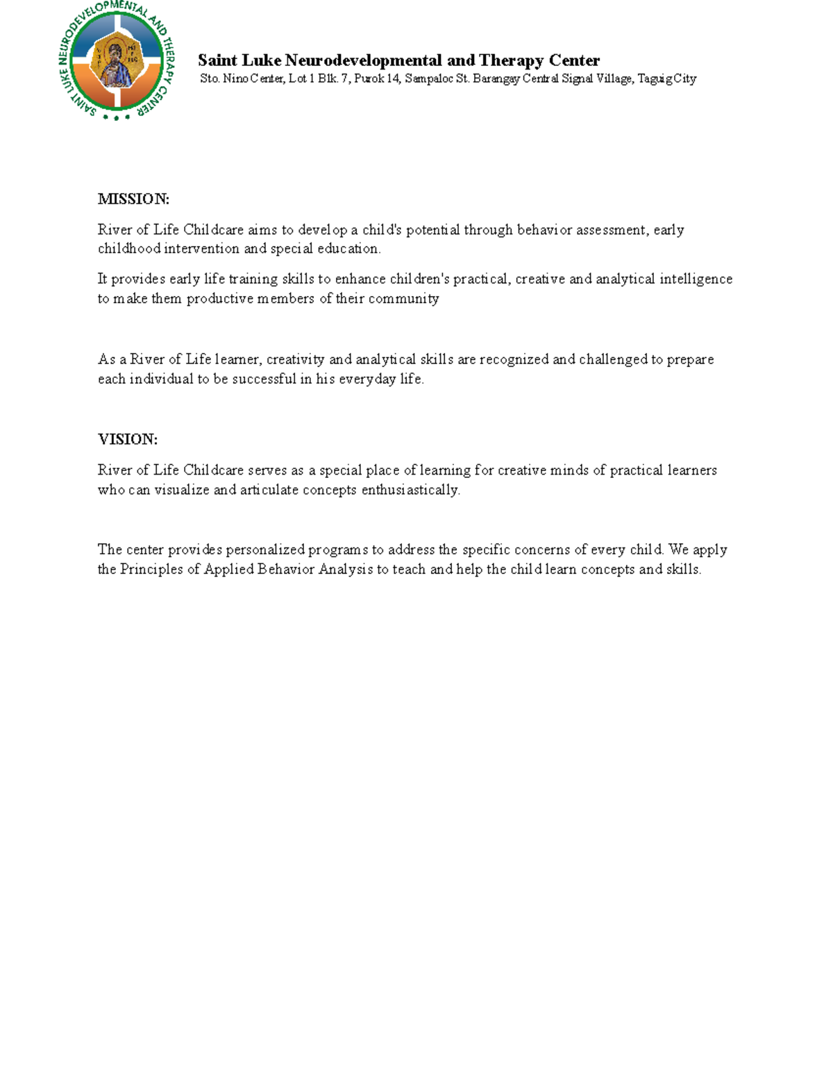 Mission Vission St Luke - Saint Luke Neurodevelopmental and Therapy ...