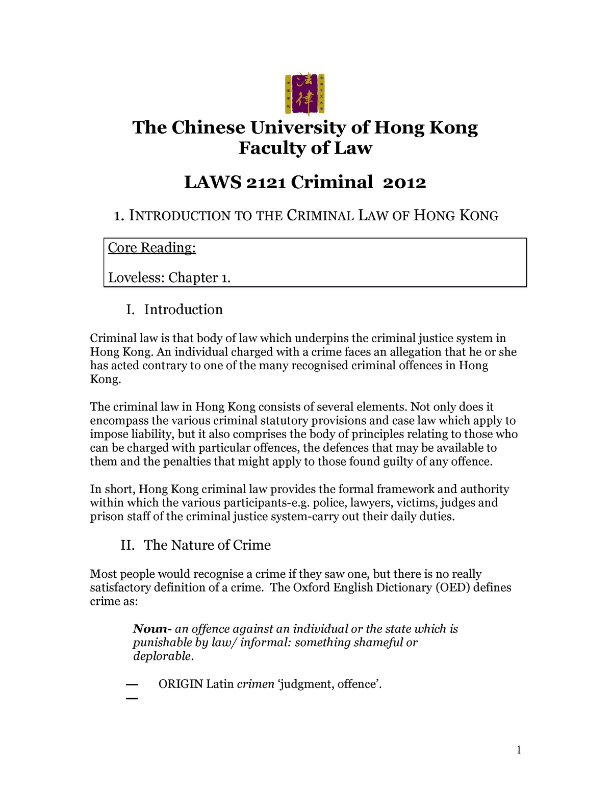 Handout Criminal Law 1 Introduction Criminal Law 1 Cuhk - 