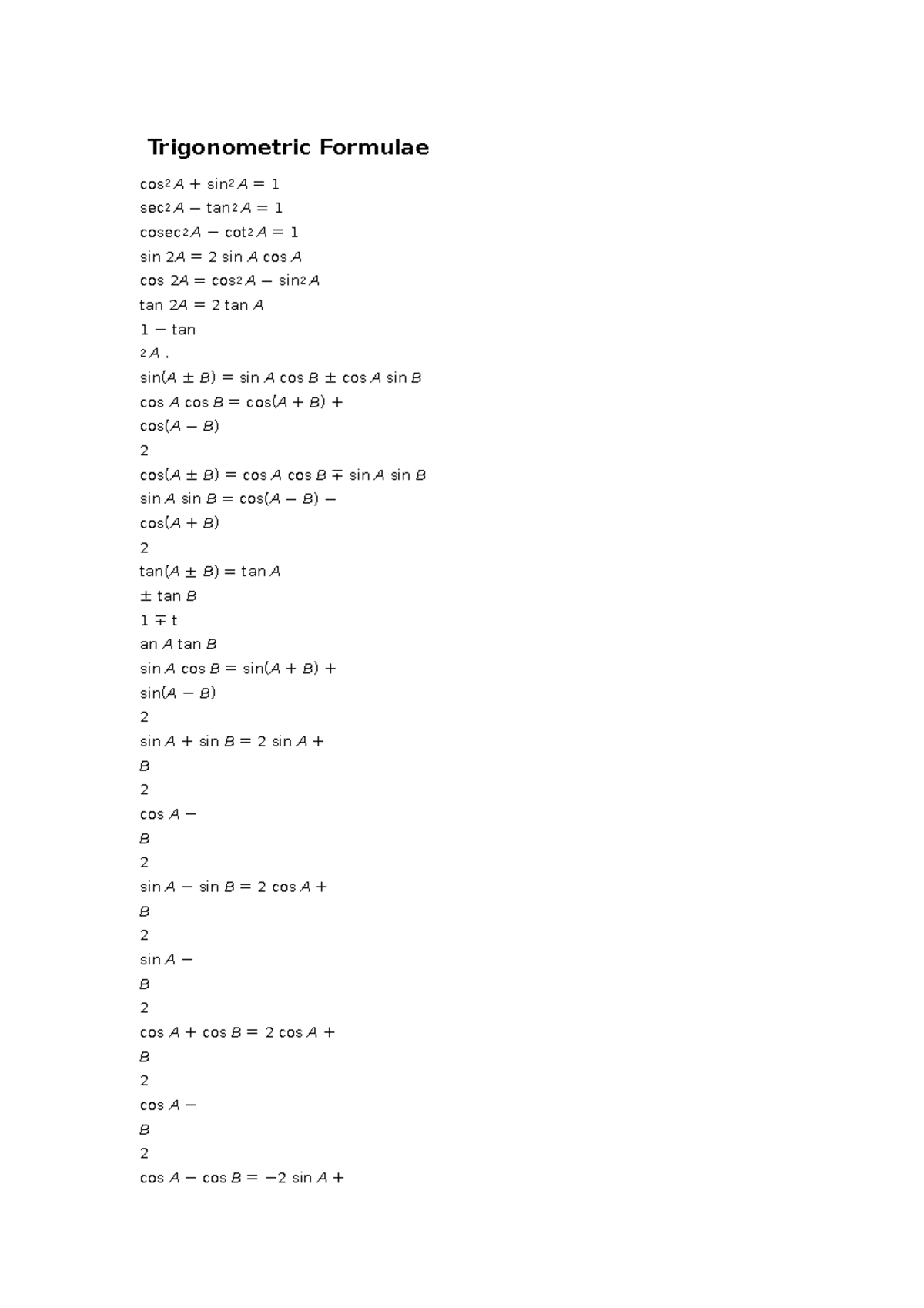 Trigonometric Formulae dgt - Trigonometric Formulae cos 2 A + sin 2 A ...