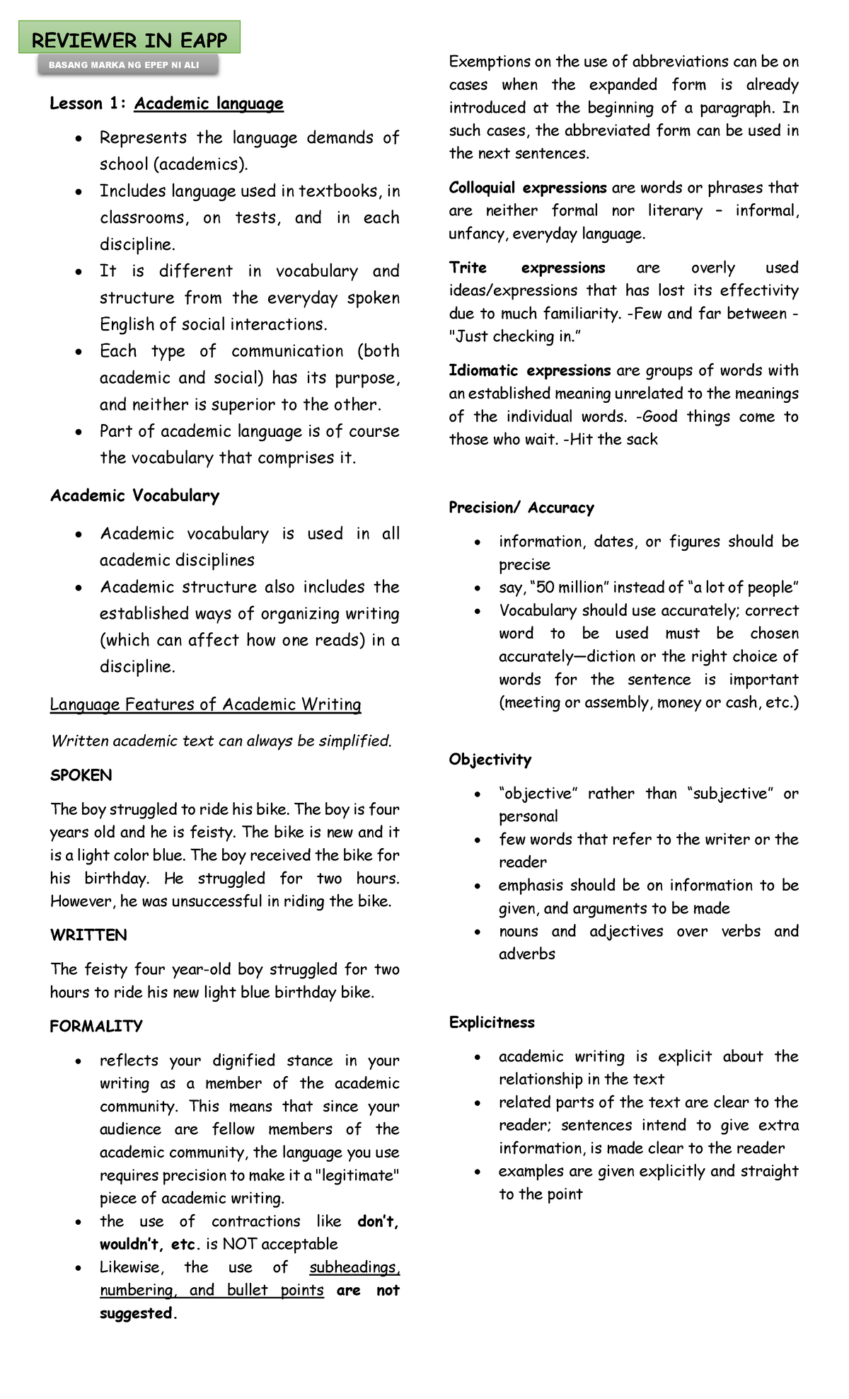 EAPP- Reviewer-HEHE - REVIEWER IN EAPP Lesson 1: Academic language ...