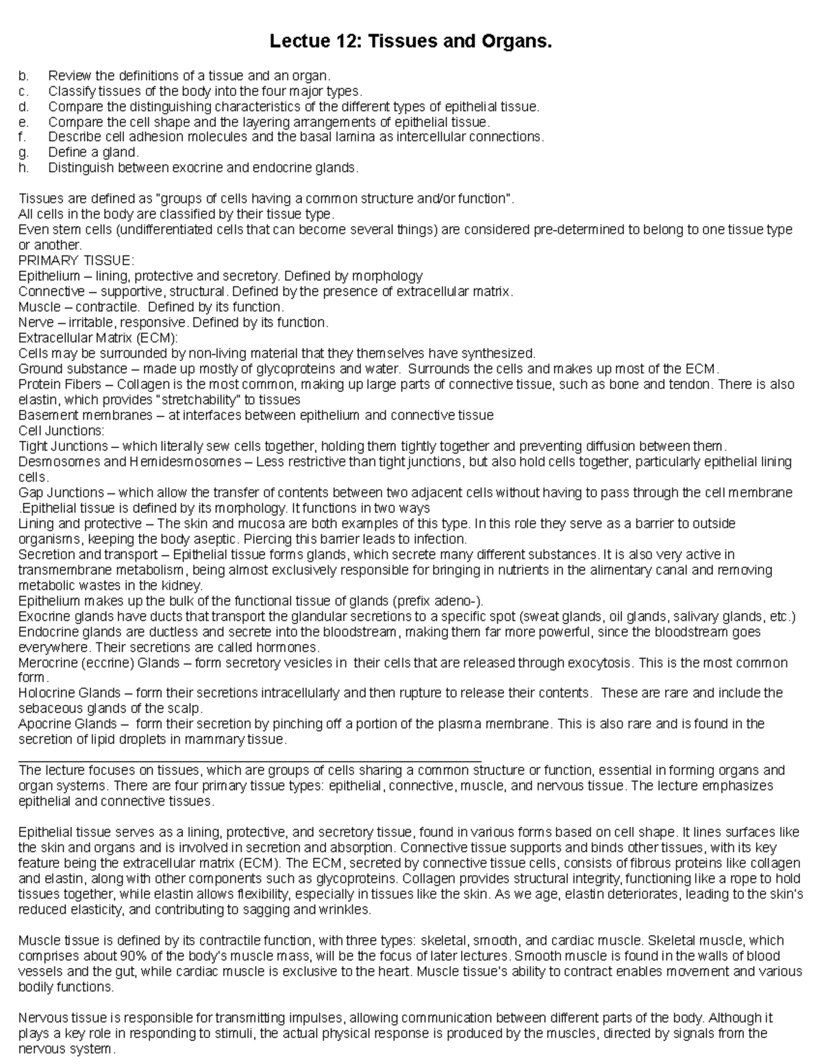 Q2 A&P Notes for Q2 with practice quiz Lectue 12 Tissues and