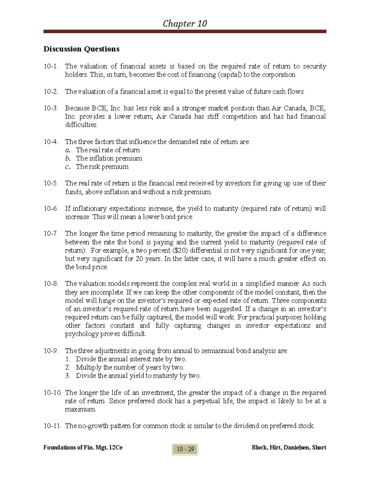 Block 12ce SM Ch 10 Final - Discussion Questions 10-1. The valuation of ...