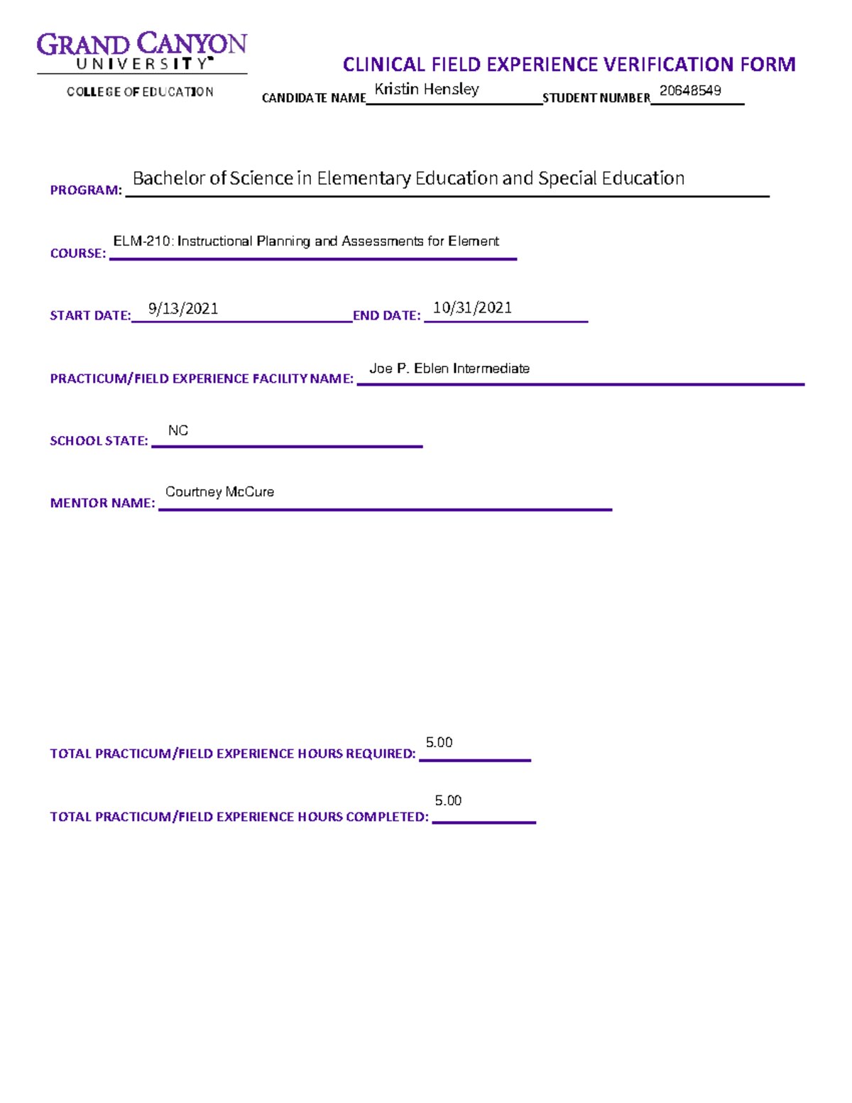 clinical-field-experience-form-elm-210-gcu-studocu