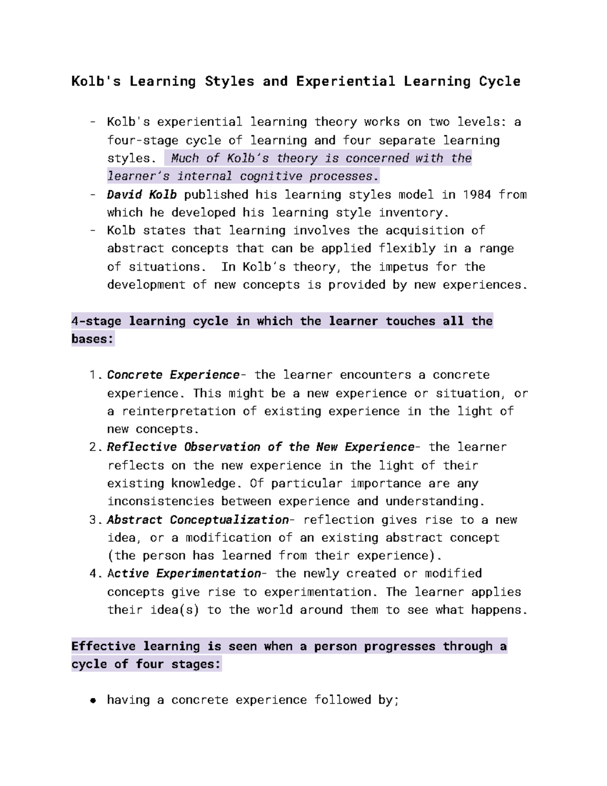 Kolb's Learning Styles and Experiential Learning Cycle - Much of Kolb’s ...