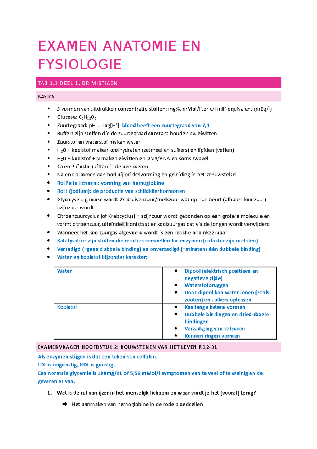 Samenvatting Deel 1 Anatomie - EXAMEN ANATOMIE EN FYSIOLOGIE TAB 1 DEEL ...