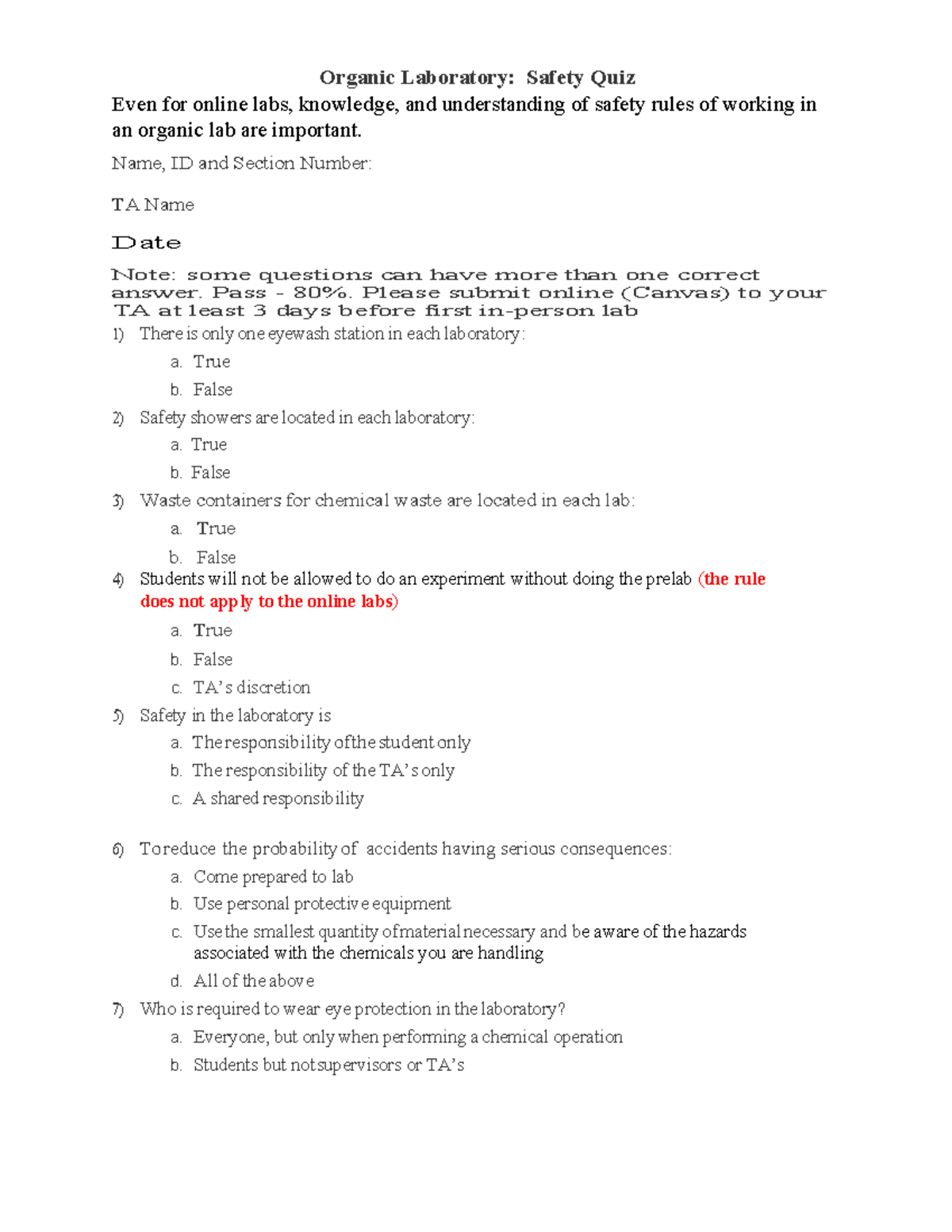 CHEM Organic LABS Safety QUIZ 1 Organic Laboratory Safety Quiz Even