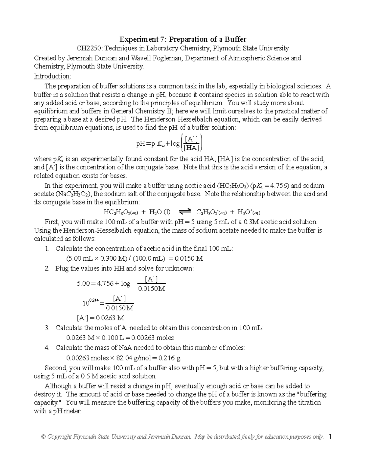 7Buffers year 1 Experiment 7 Preparation of a Buffer CH2250