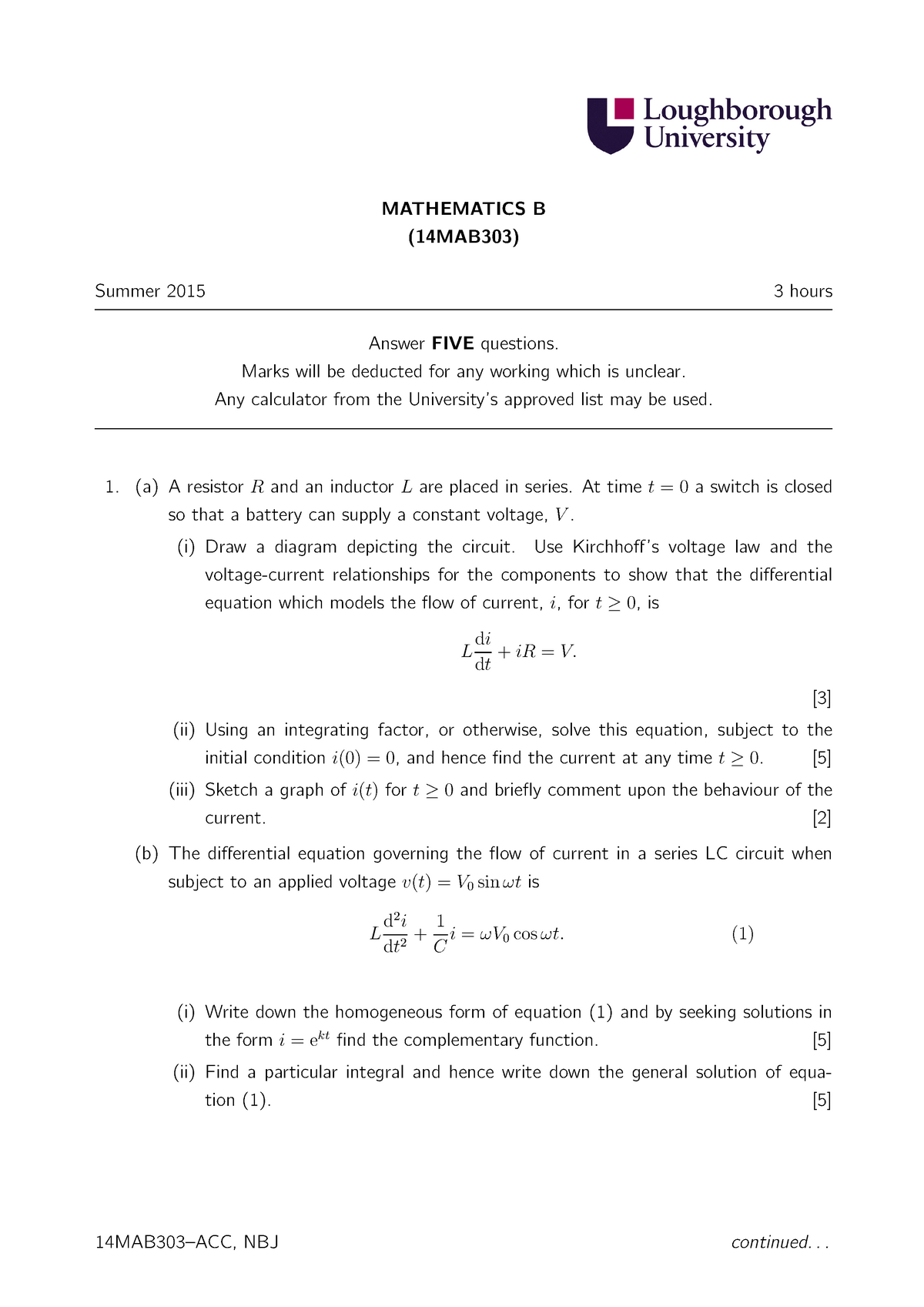 Mathematics B Exam Questions - MATHEMATICS B (14MAB303) Summer 2015 3 ...