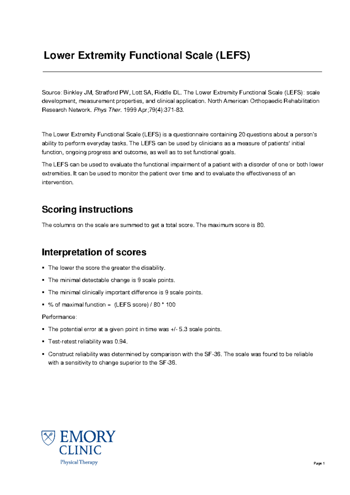 Hip-lefs - Page 1 Lower Extremity Functional Scale (LEFS) Source ...