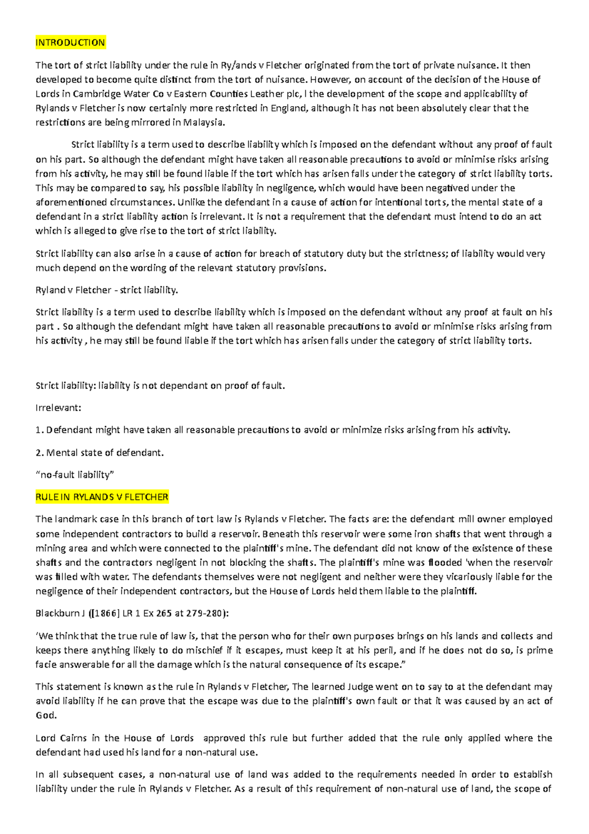 Topic 2 RULE IN Rylands ( Strict Liability) - INTRODUCTION The tort of ...