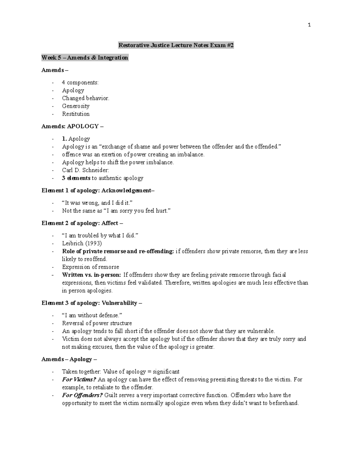 Restorative Justice Lecture Notes Exam 2 - Generosity Restitution 