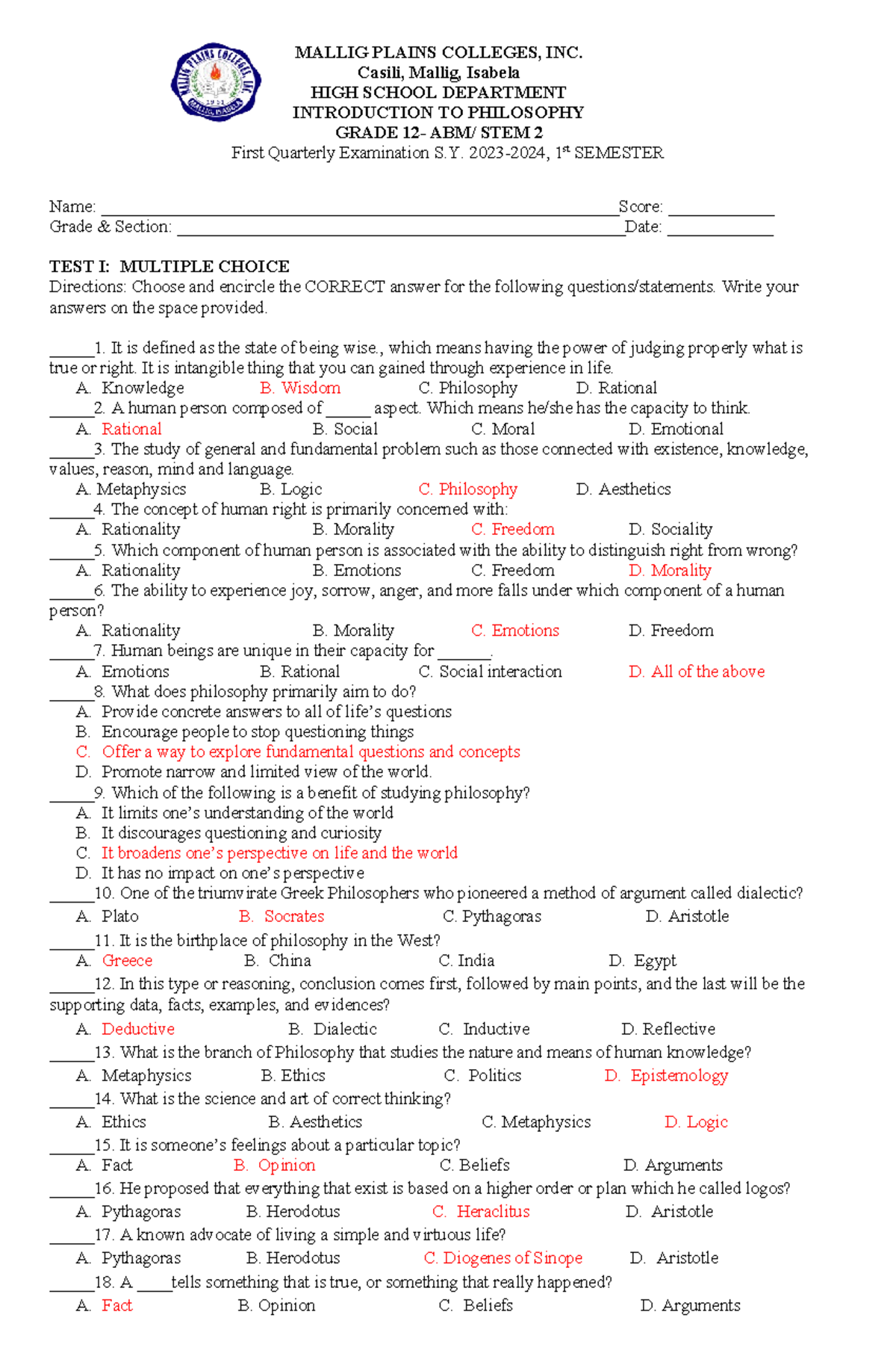 Grade 12 Intro TO Philo - Quarterly Examination - MALLIG PLAINS ...