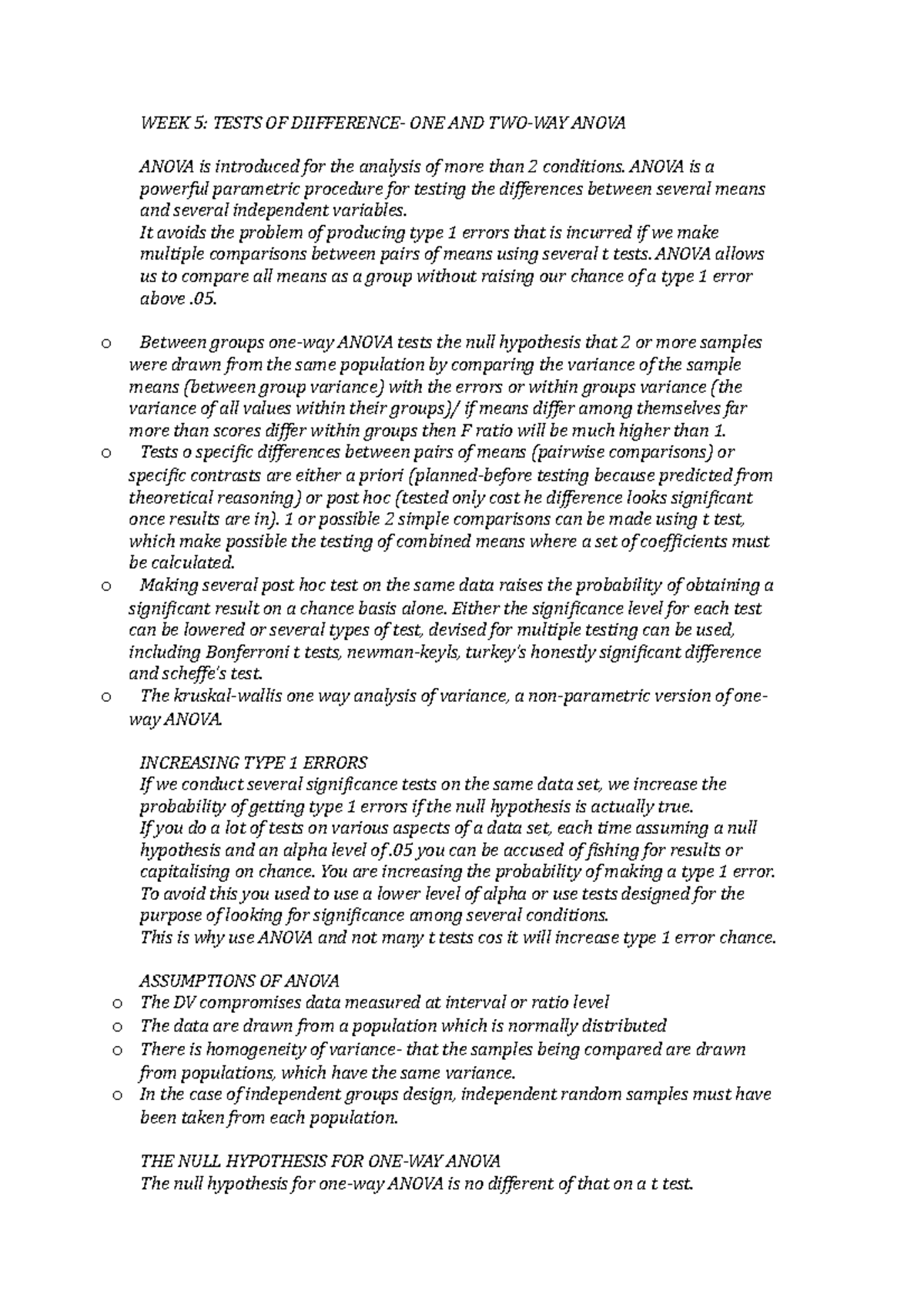 WEEK 5 notes - WEEK 5: TESTS OF ONE AND ANOVA ANOVA is introduced for ...