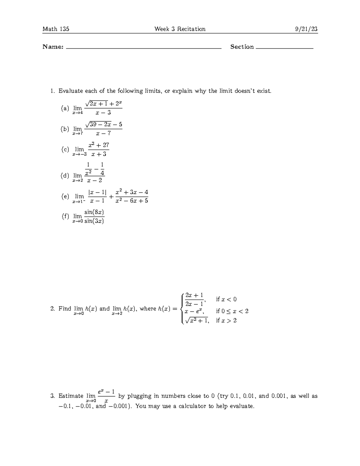 Week 3 Recitation Problems - Math 135 Week 3 Recitation 9/21/ Name ...