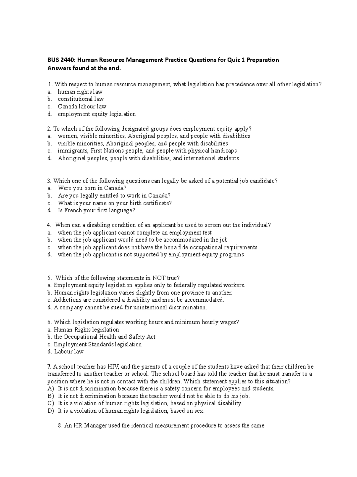 Quiz 1 Practice Questions - BUS 2440: Human Resource Management ...