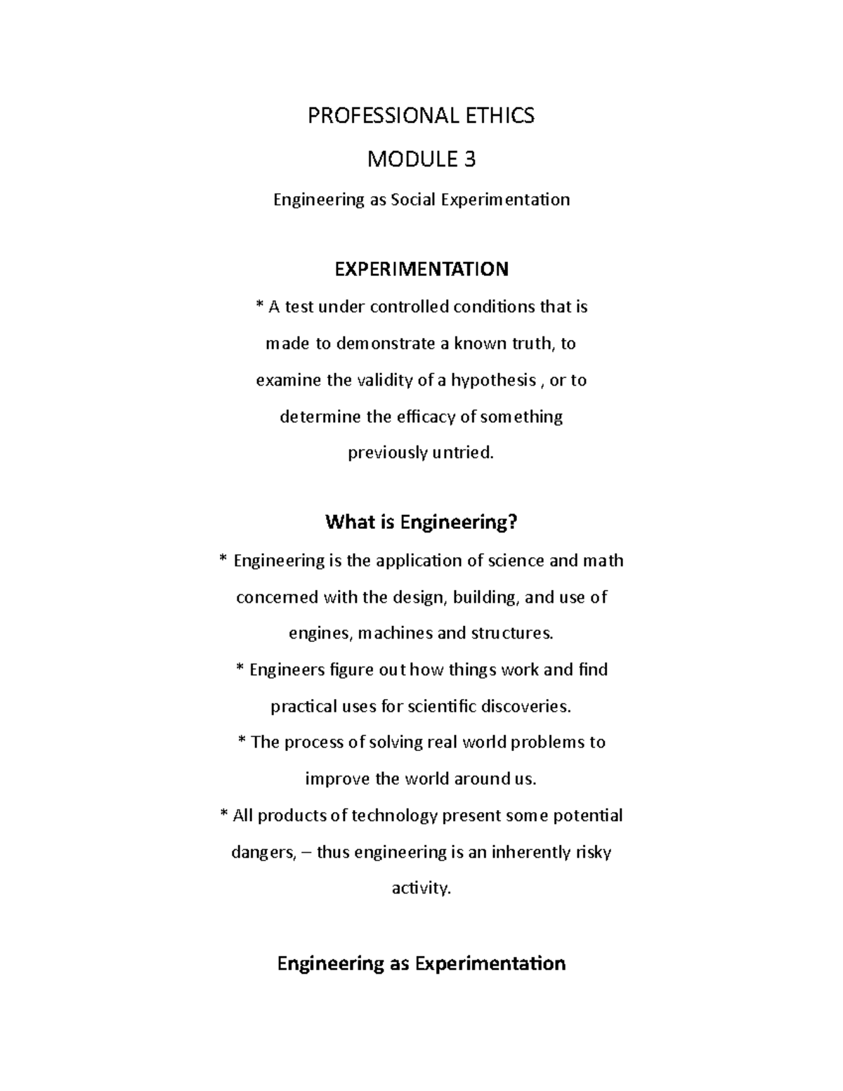 PE module 3 note1 - PROFESSIONAL ETHICS MODULE 3 Engineering as Social ...