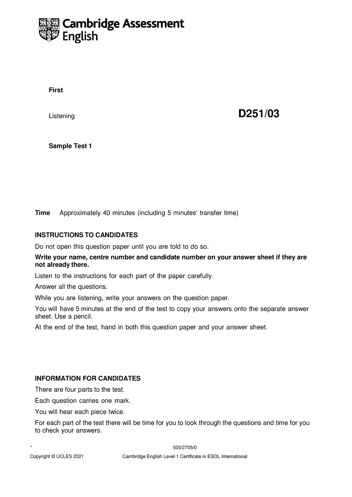 B2 First Sample Paper 1 Listening - First Listening D251/ Sample Test 1 ...