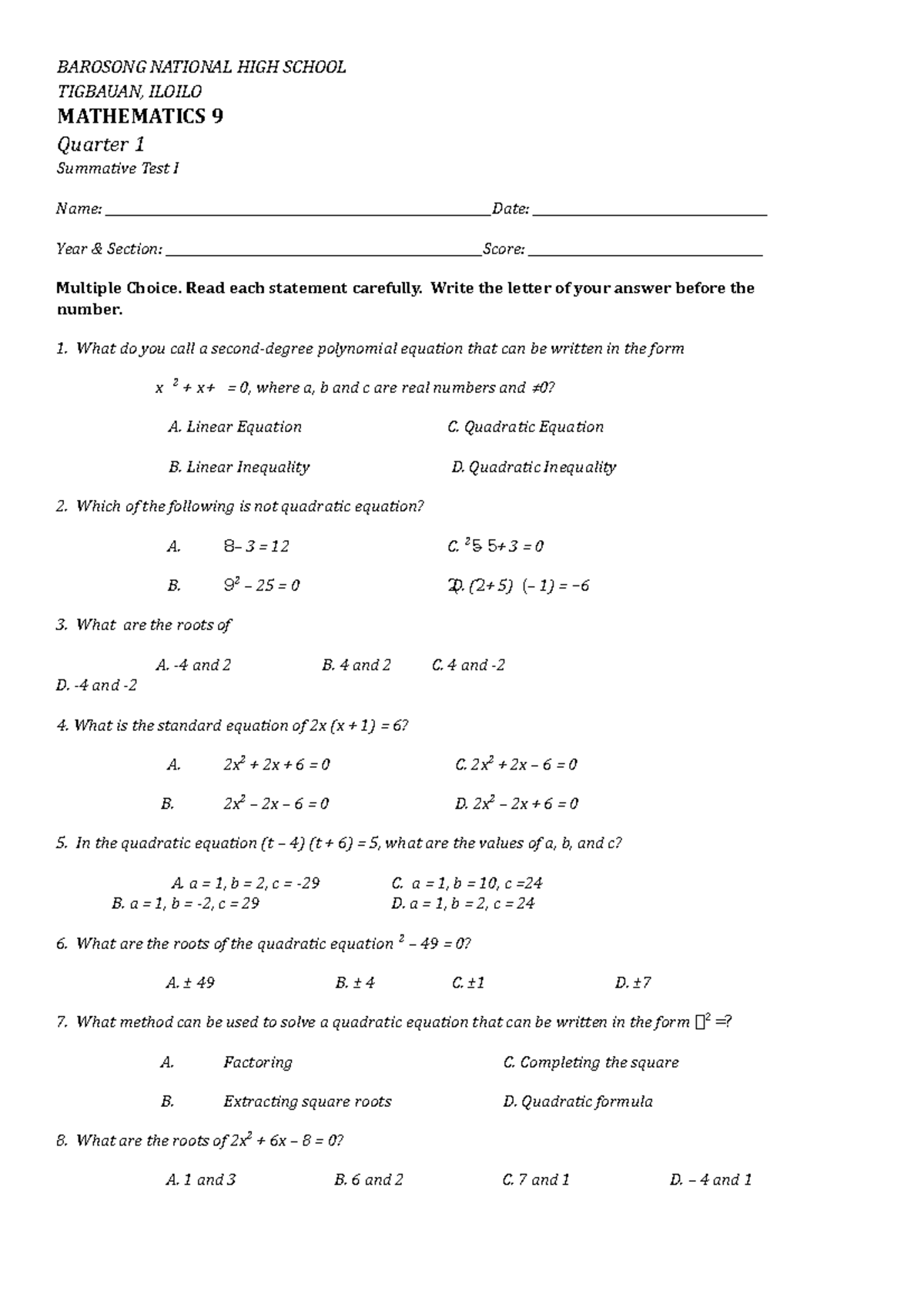 Q1 Math 9 summative 1 - none - BAROSONG NATIONAL HIGH SCHOOL TIGBAUAN ...