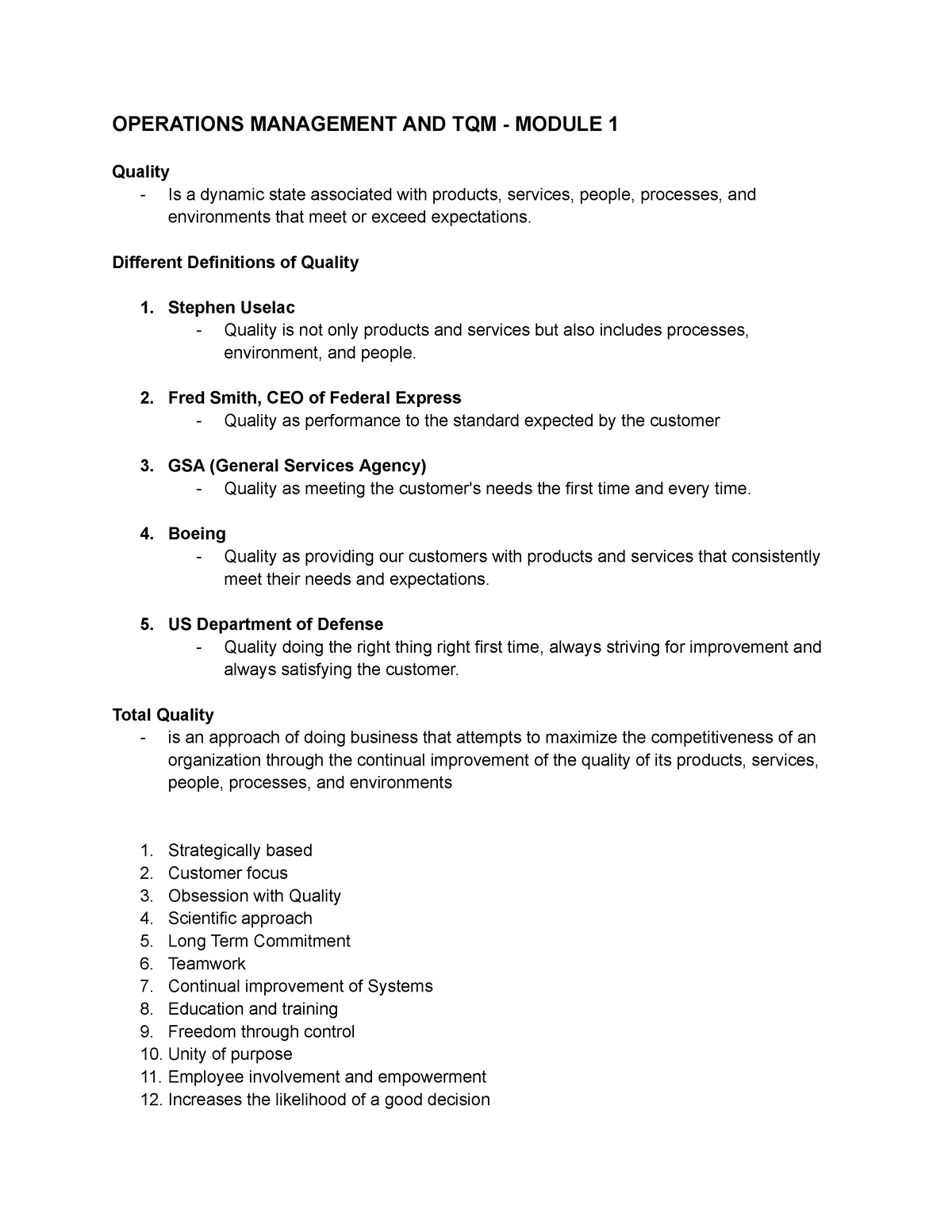 Operations Management Module 1 AND 2 - OPERATIONS MANAGEMENT AND TQM ...