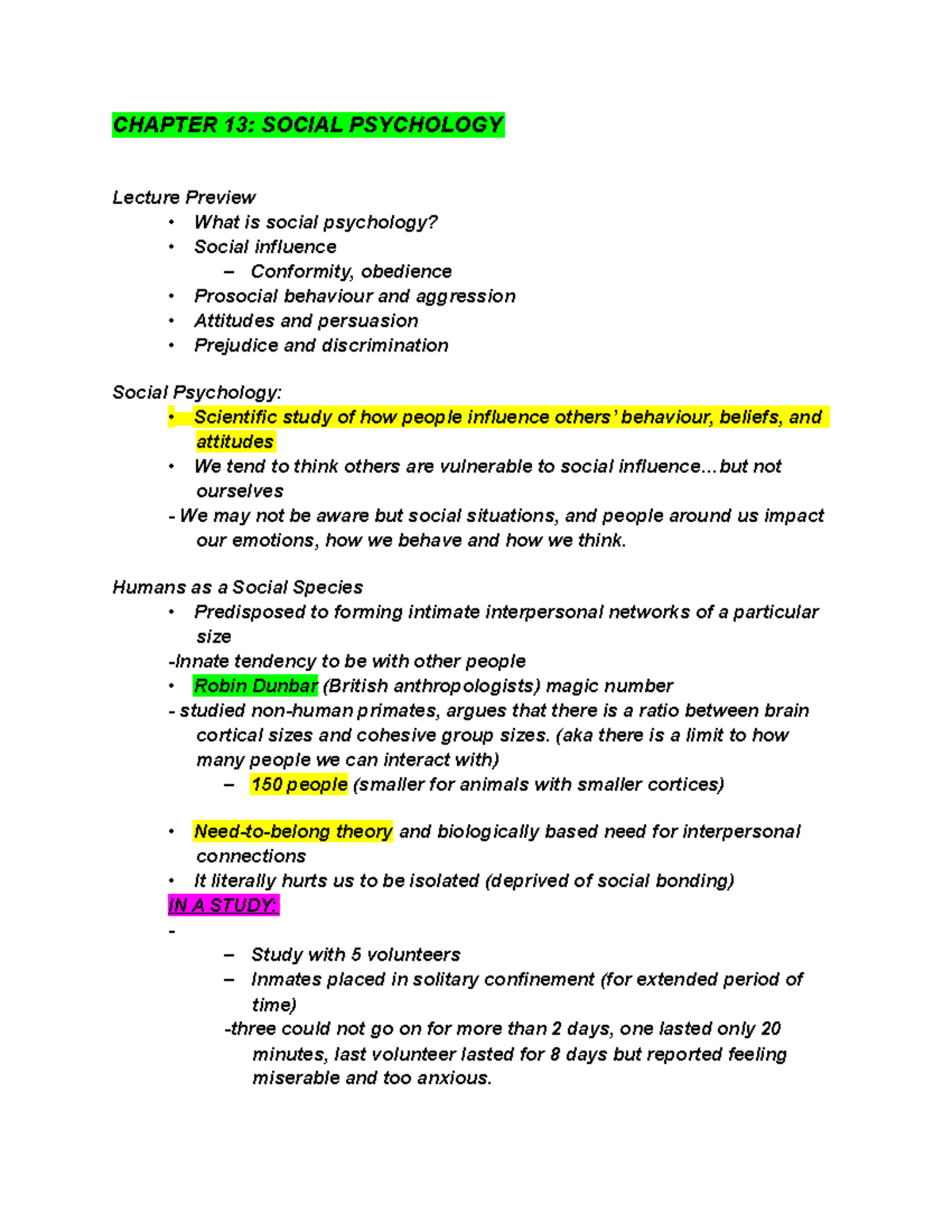 PSY 202 Final exam notes for Dr. Satvat - CHAPTER 13: SOCIAL PSYCHOLOGY ...