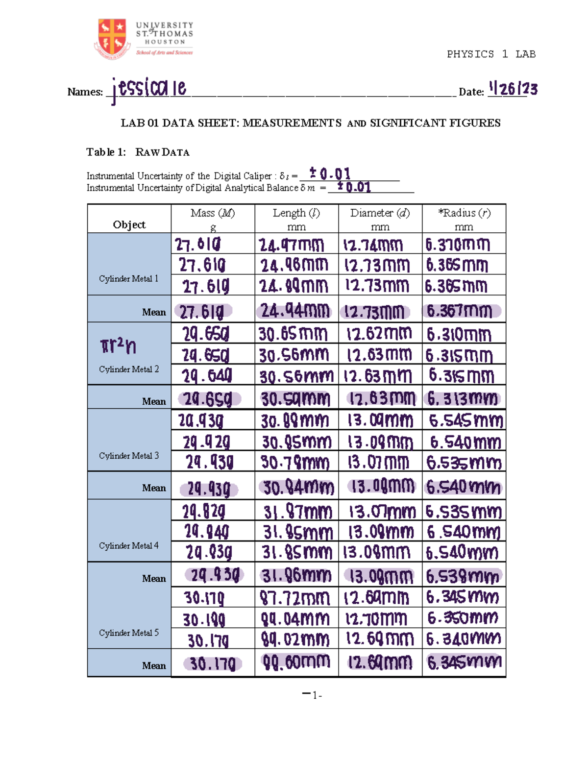 Lab 1 data - lab 1 data - PHYSICS 1 LAB Names: - Studocu