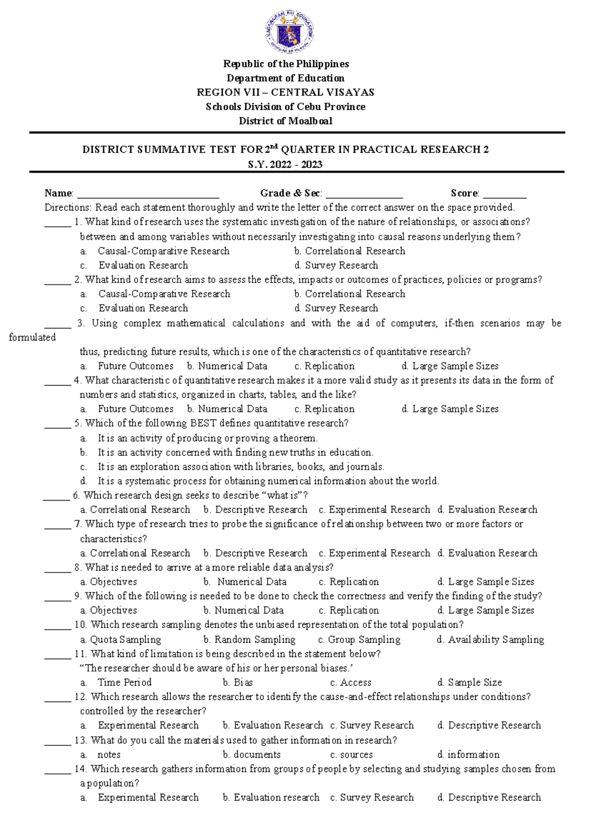PR2-2ND Q TEST - This is applicable for Senior High Curriculum ...