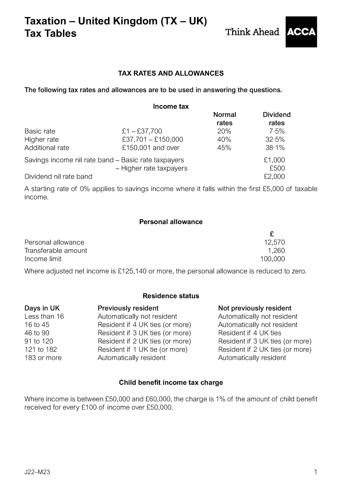 Tax Table GO THROUGH Taxation United Kingdom (TX UK) Tax Tables