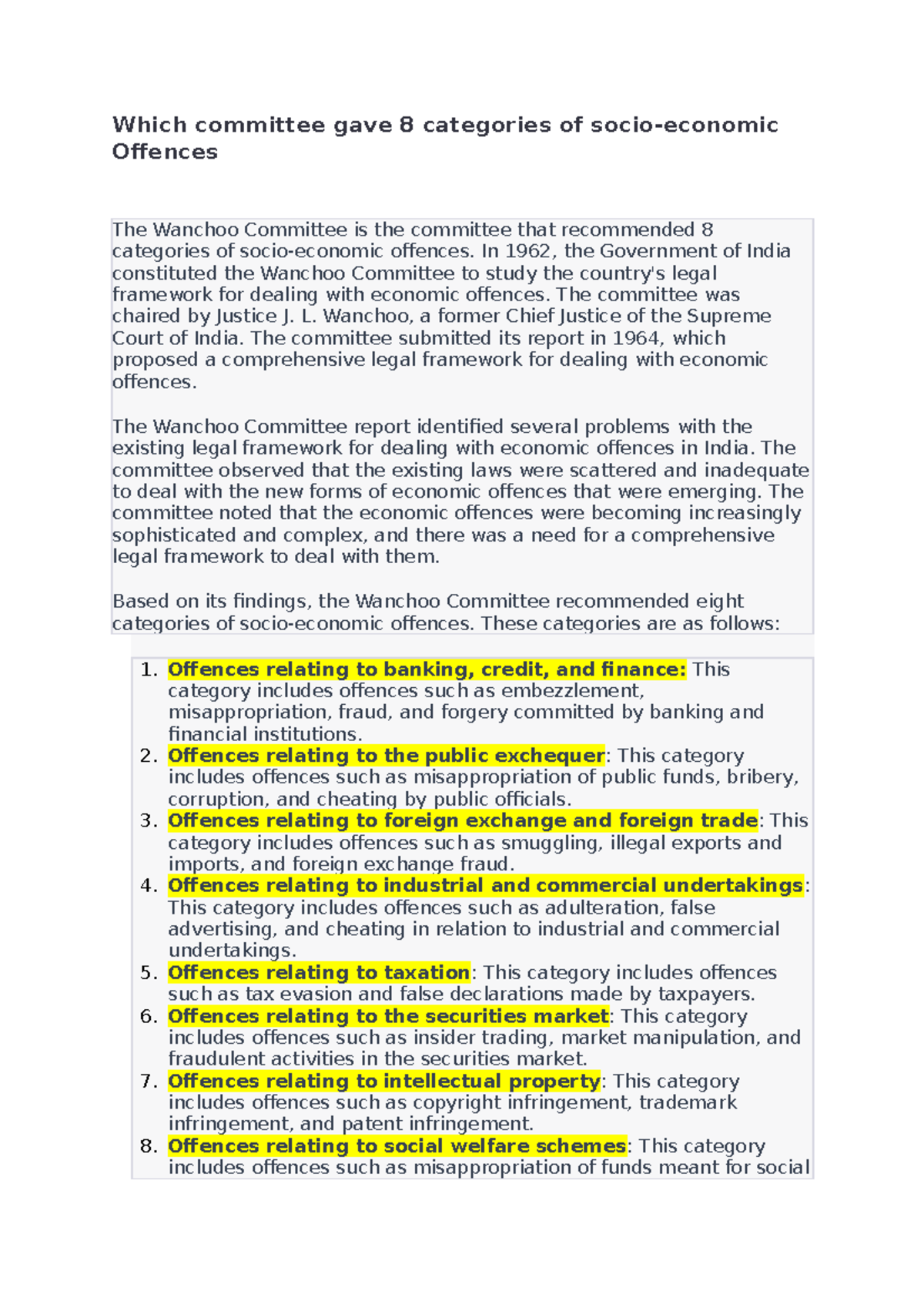 which-committee-gave-8-categories-of-socio-economic-offences-in-1962