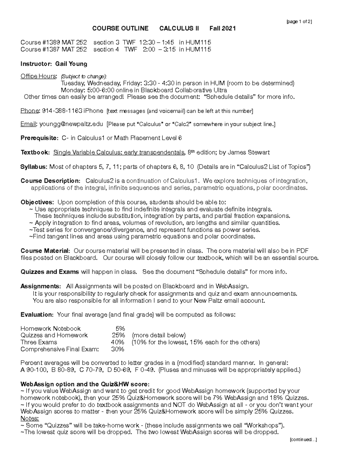 Calculus 2 Course Outline Fall2021 Aug26 - [page 1 of 2] COURSE OUTLINE ...