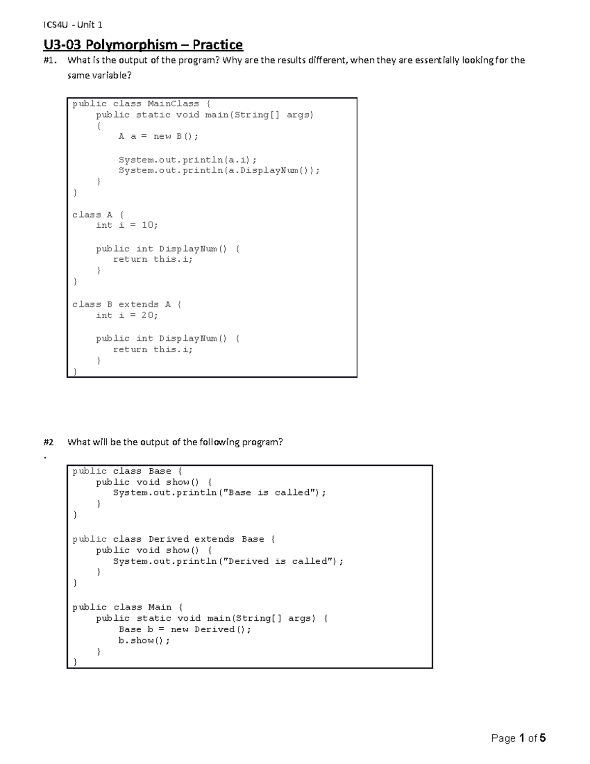 U3-04 Polymorphism - Practice - ICS4U - Unit 1 U3-03 Polymorphism ...