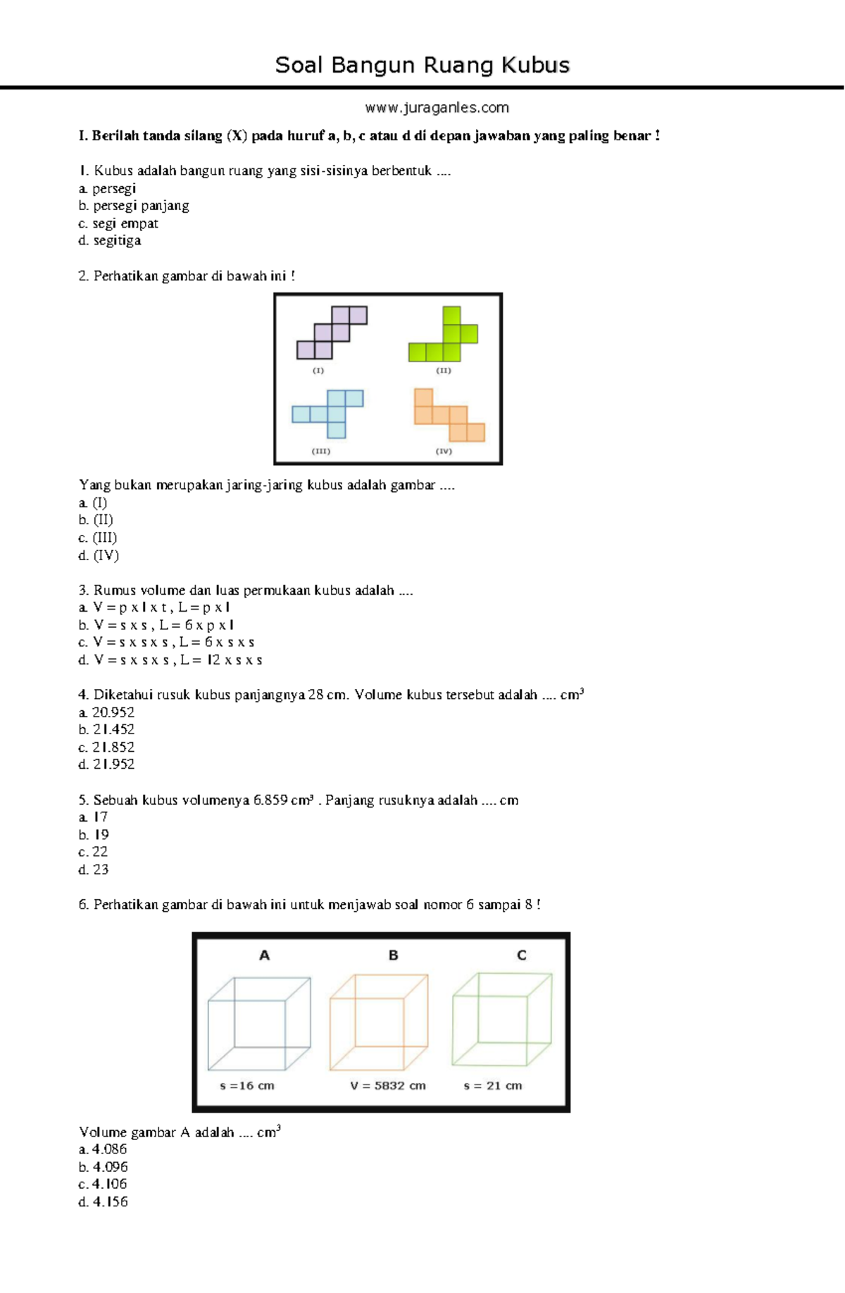 Soal Bangun Ruang Kubus - I. Berilah Tanda Silang (X) Pada Huruf A, B ...