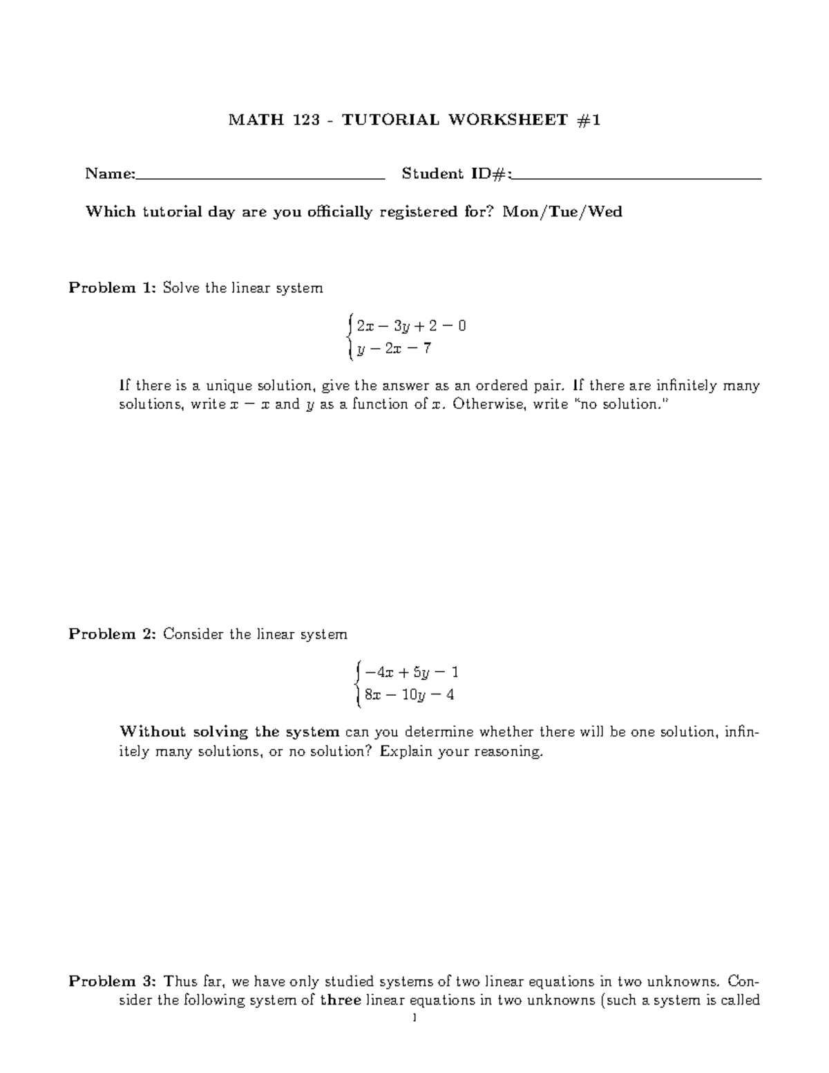 First worksheet - MATH 123 - TUTORIAL WORKSHEET Name: Student ID ...